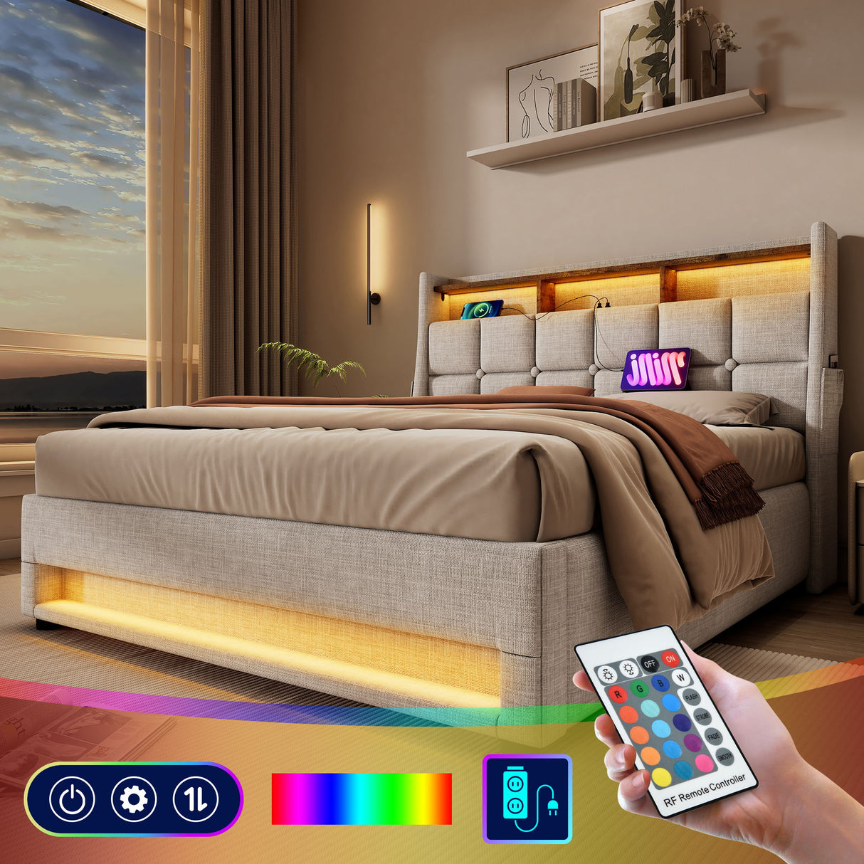 Upholstered Platform Bed With A Hydraulic Storage System, LED And USB Charging (Without Mattress)