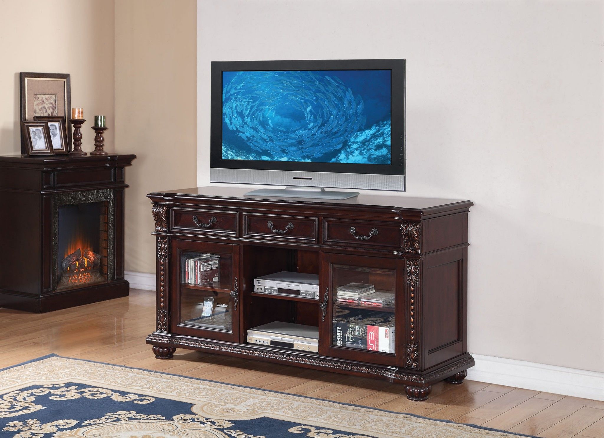 Wood Cabinet Enclosed Storage TV Stand - Dark Brown