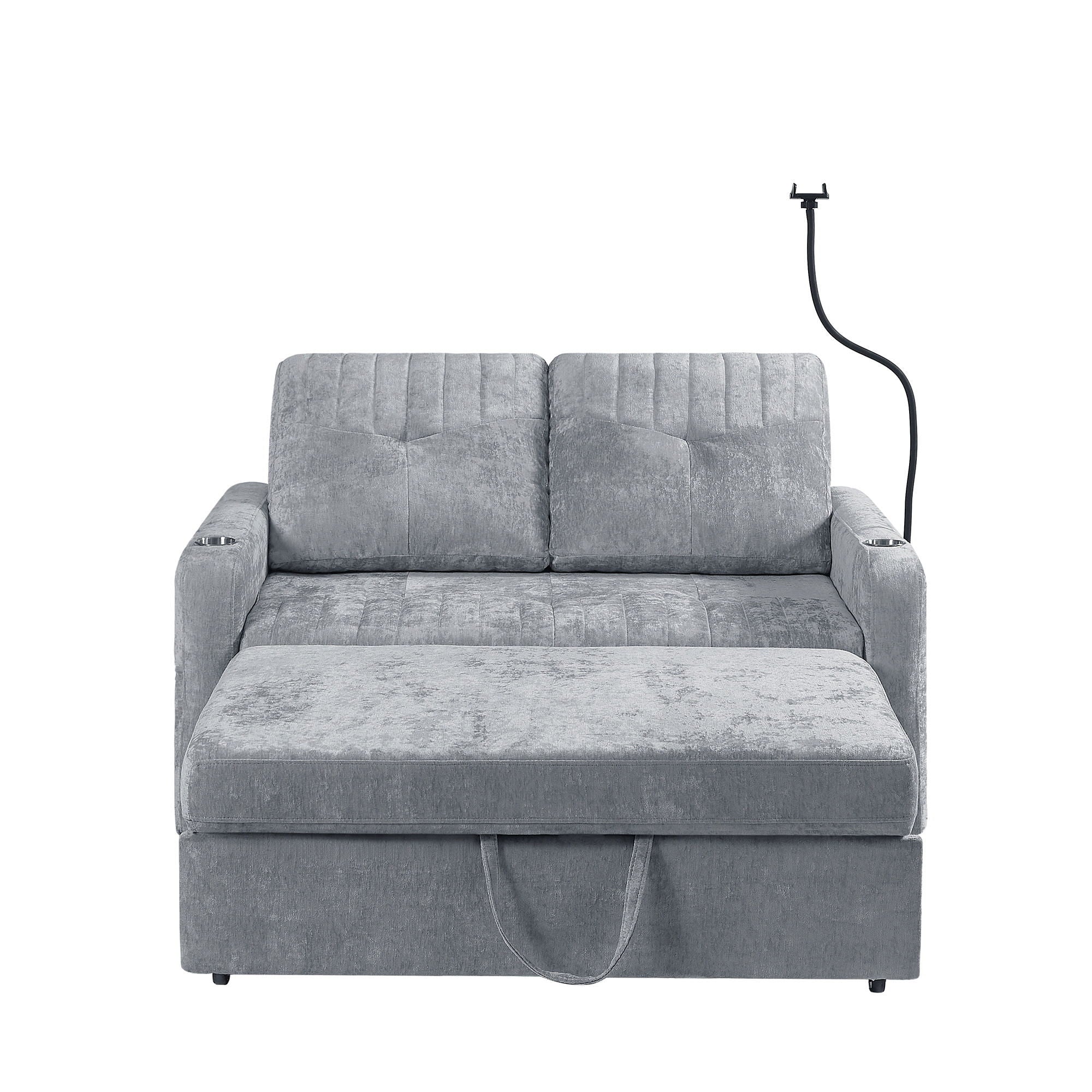 Modern Loveseat Pull Out Sofa Bed With Adjustable Backrest, Two Cup Holders, A Phone Holder, Three Charging Ports And Side Storage Pockets For Living Room