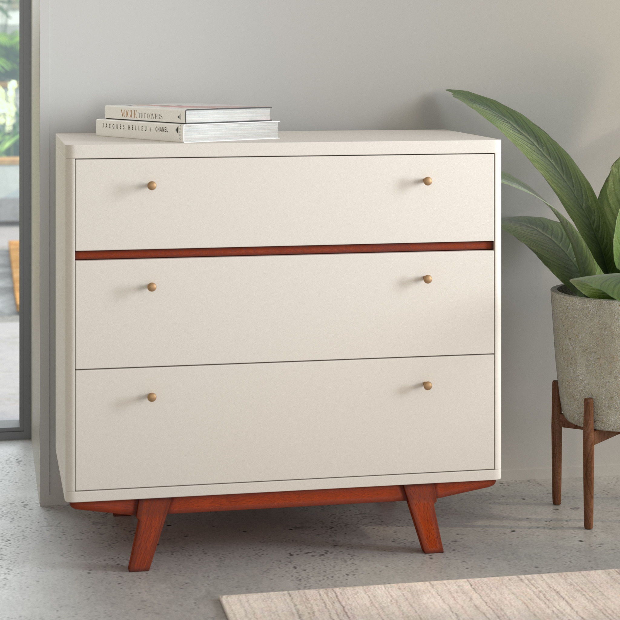 Solid Wood Three Drawer Chest - Brown / White