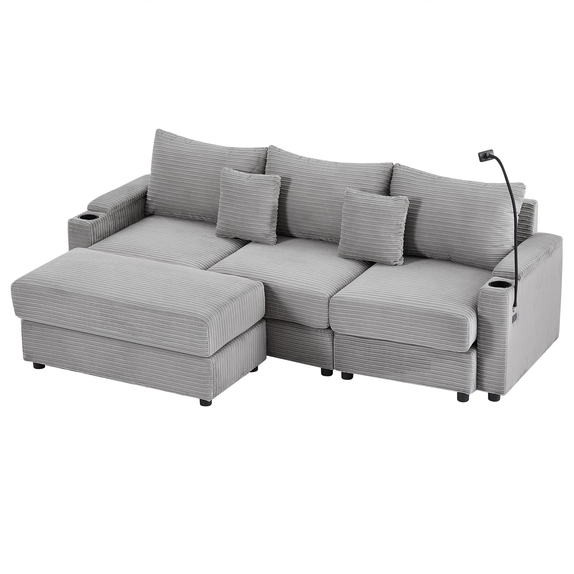 Modern Style Loveseat Sofa Sectional Sofa Couch With Storage Space, A Movable Ottoman, Two USB Ports, Two Cup Holders, A Phone Holder For Living Room