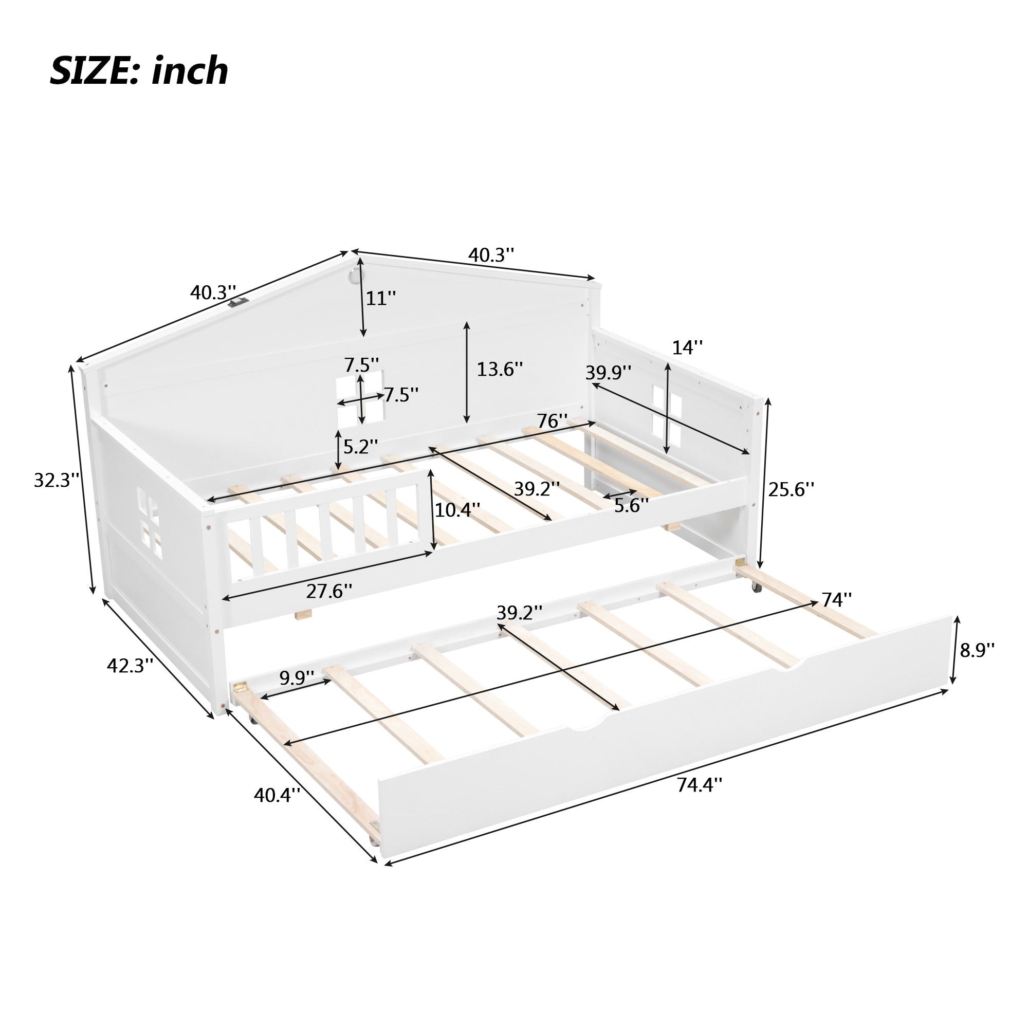 Wooden Daybed With Trundle And Sensor Light