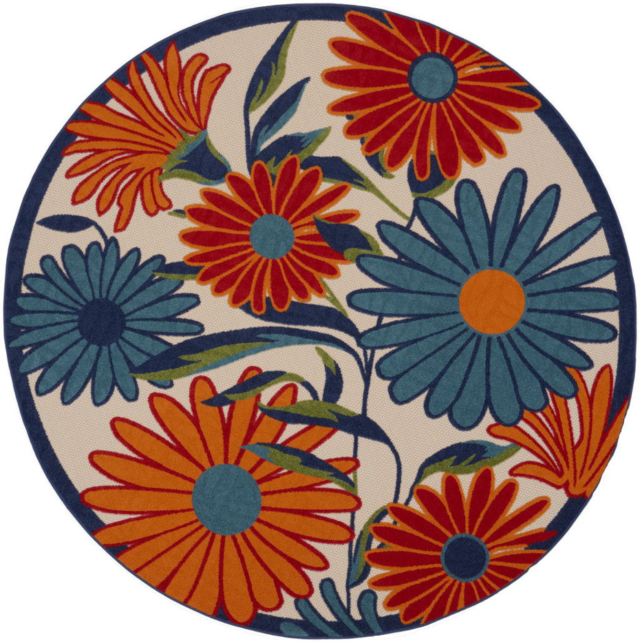 8' Round Floral Power Loom Rug - Orange / Blue