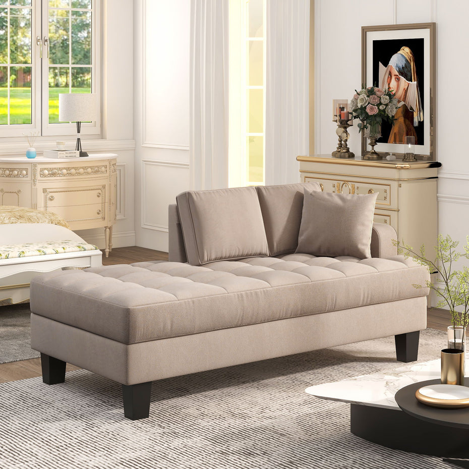 Deep Tufted Upholstered Textured Fabric Chaise Lounge, Toss Pillow Included, Living Room Bedroom Use - Warm Gray