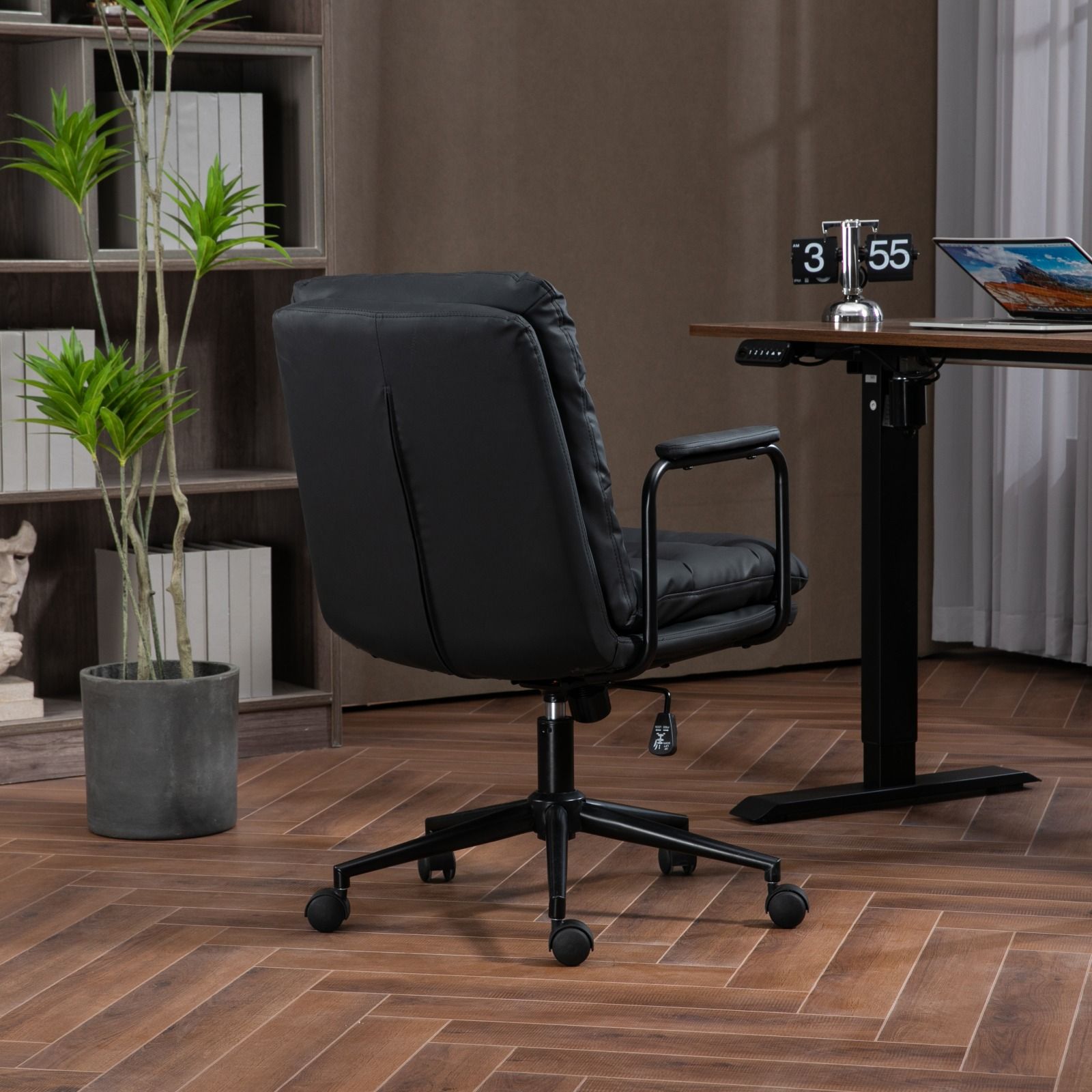 Office Chair, Mid Back Home Office Desk Task Chair With Wheels And Arms Ergonomic PU Leather Computer Rolling Swivel Chair With Padded Armrest