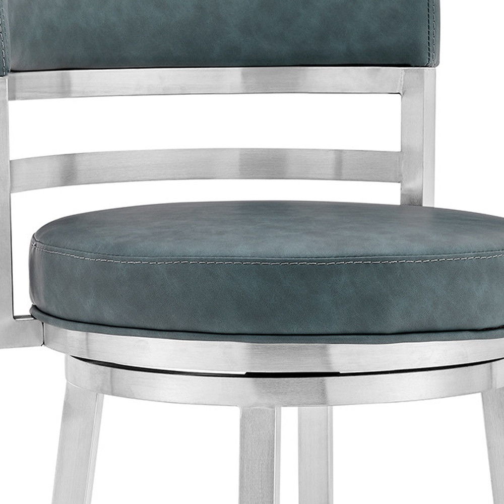 Faux Leather Swivel Low Back Bar Height Bar Chair - Blue / Silver