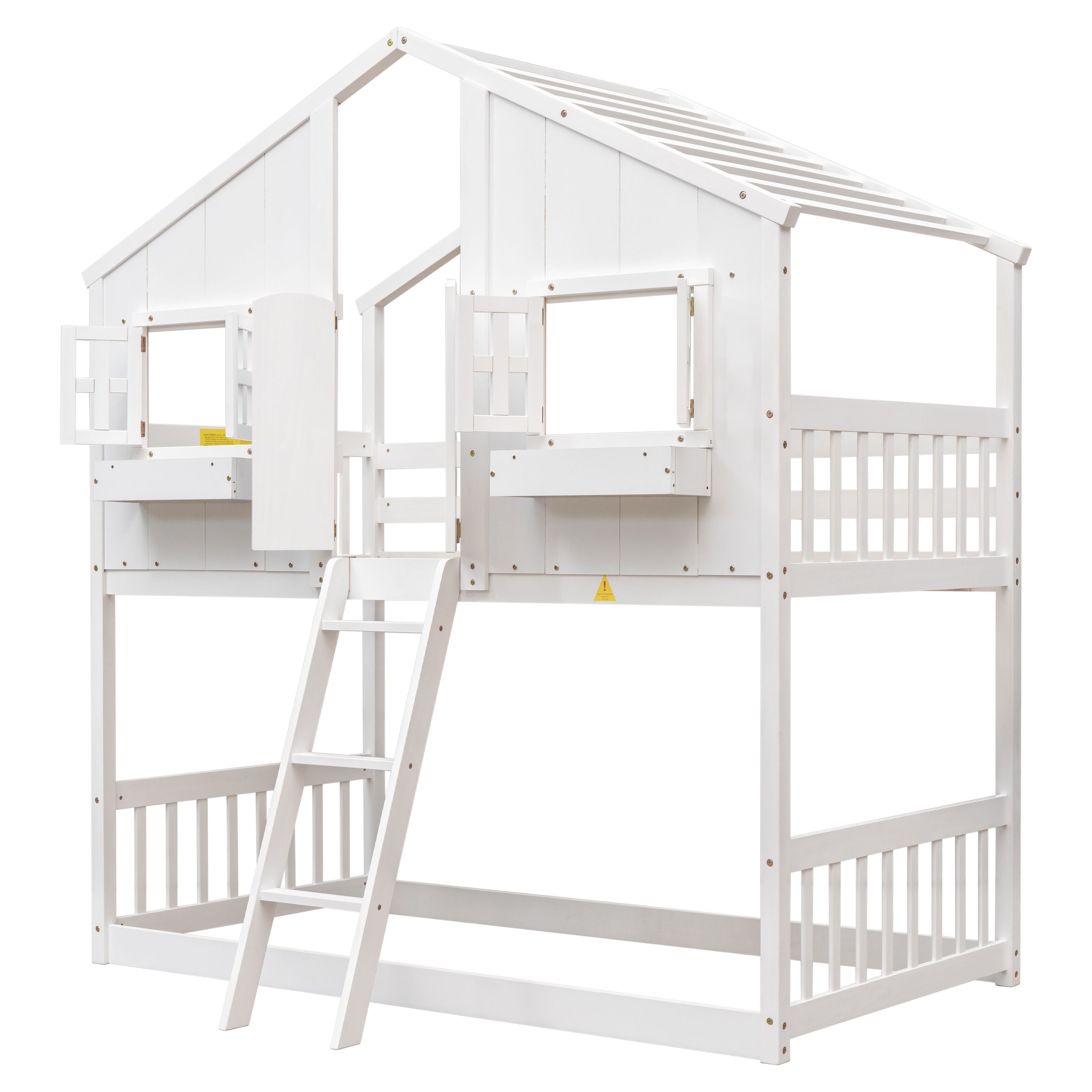 House Bunk Bed With Roof, Window, Window Box, Door, With Safety Guardrails And Ladder