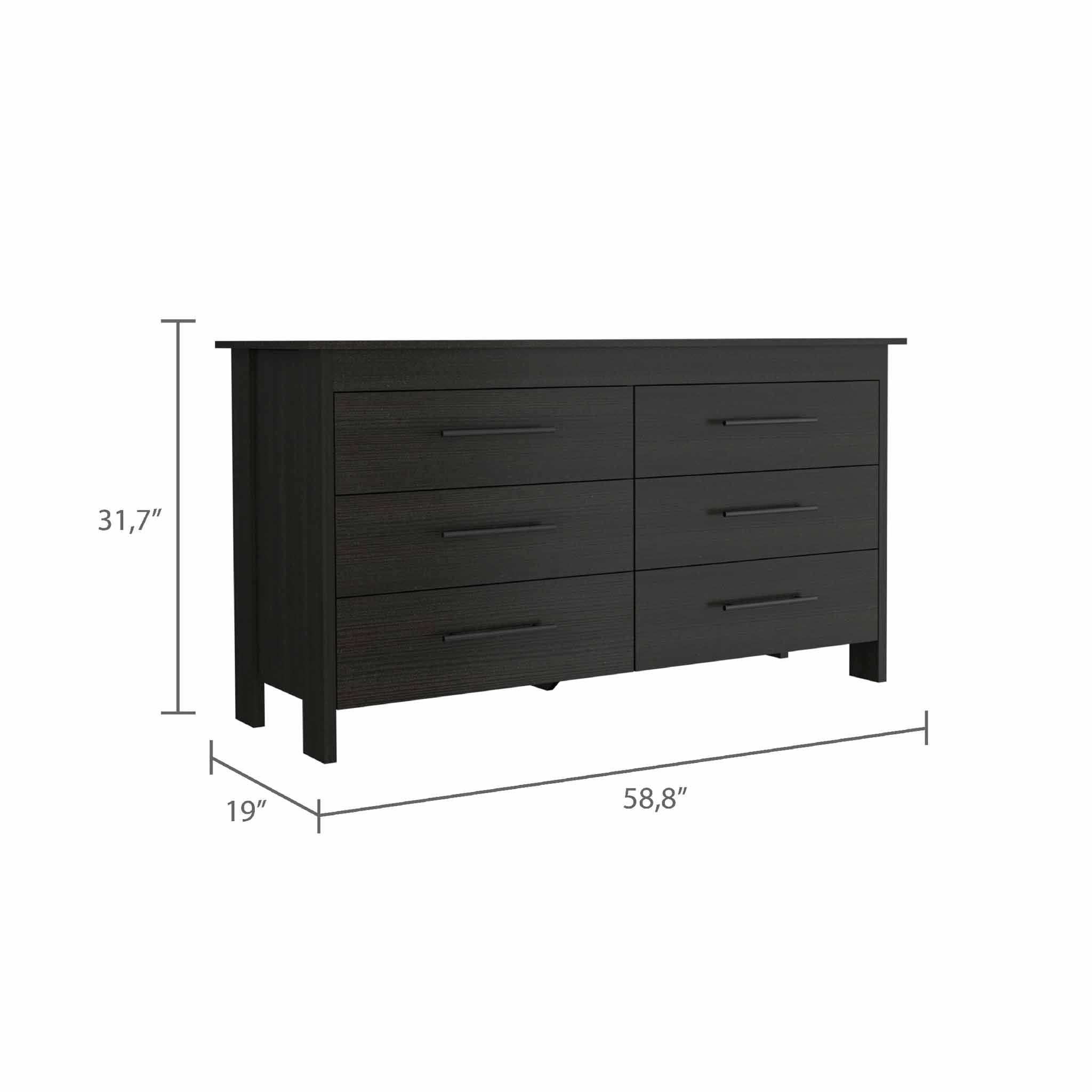 Six Drawer Wooden Double Dresser - Black