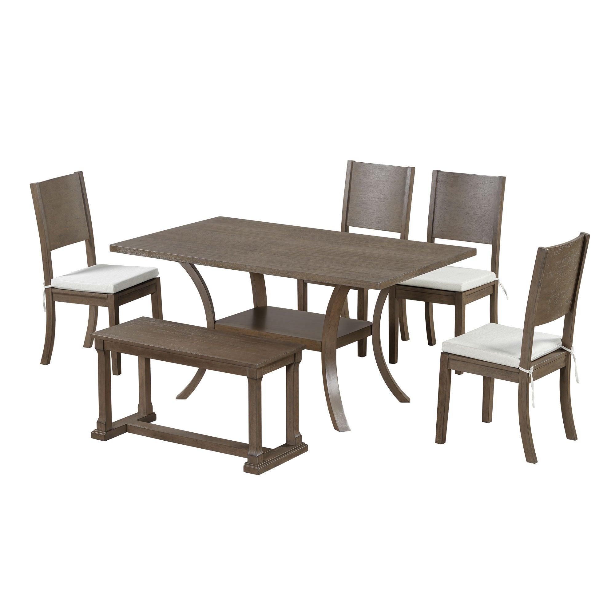 Topmax - 6 Piece Wood Dining Table Set With Storage Shelf And Curved Legs, Kitchen Table Set With Bench And 4 Removable Cushions Dining Chairs, Modern Style