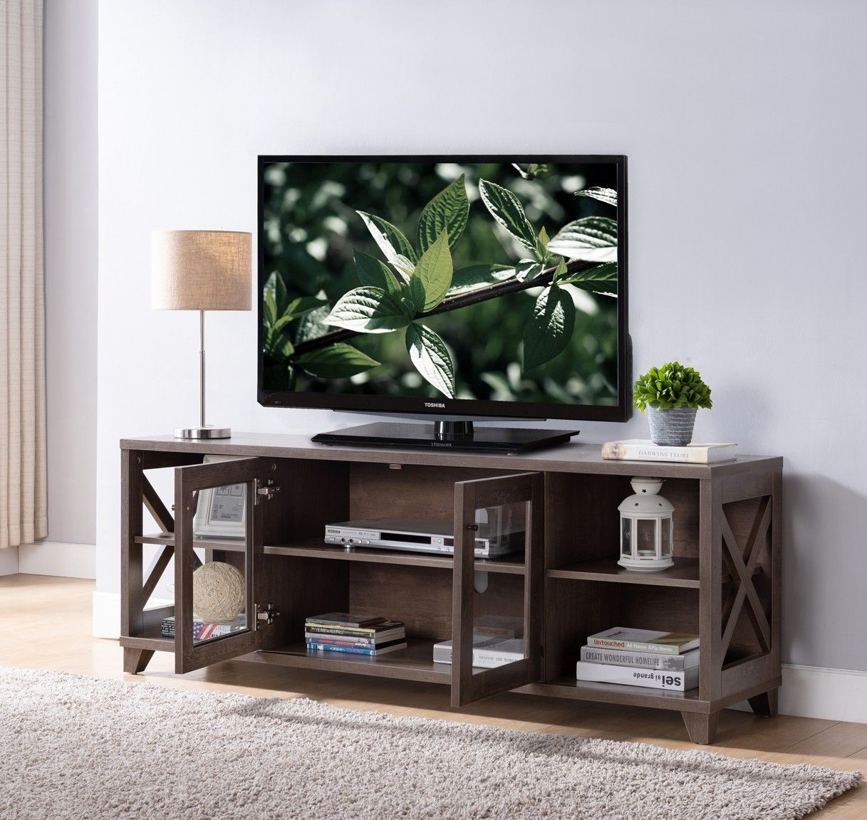 Particle Board And Glass Cabinet Enclosed Storage TV Stand - Brown