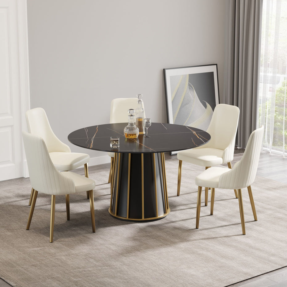 Modern Artificial Stone Round Metal Iron Base Dining Table, Can Accommodate 6 People (Not Including Chairs.) - Black