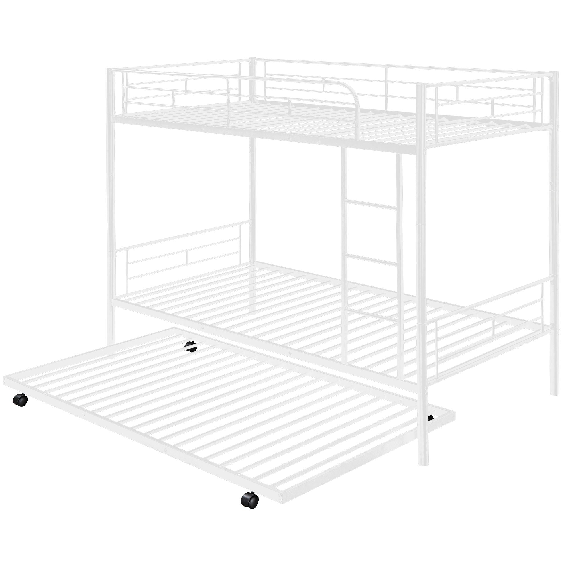 Twin Over Twin Metal Bunk Bed With Trundle, Can Be Divided Into Two Beds, No Box Spring Needed - White