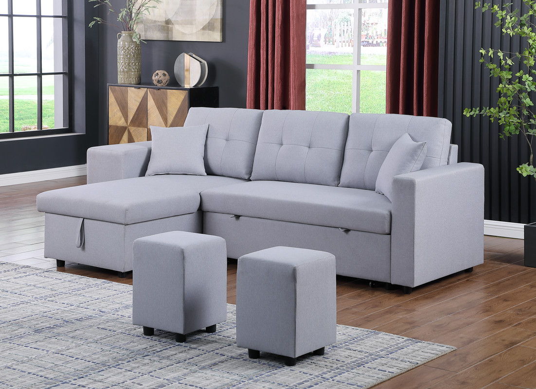 Dennis - Linen Fabric Reversible Sleeper Sectional With Storage Chaise And 2 Stools