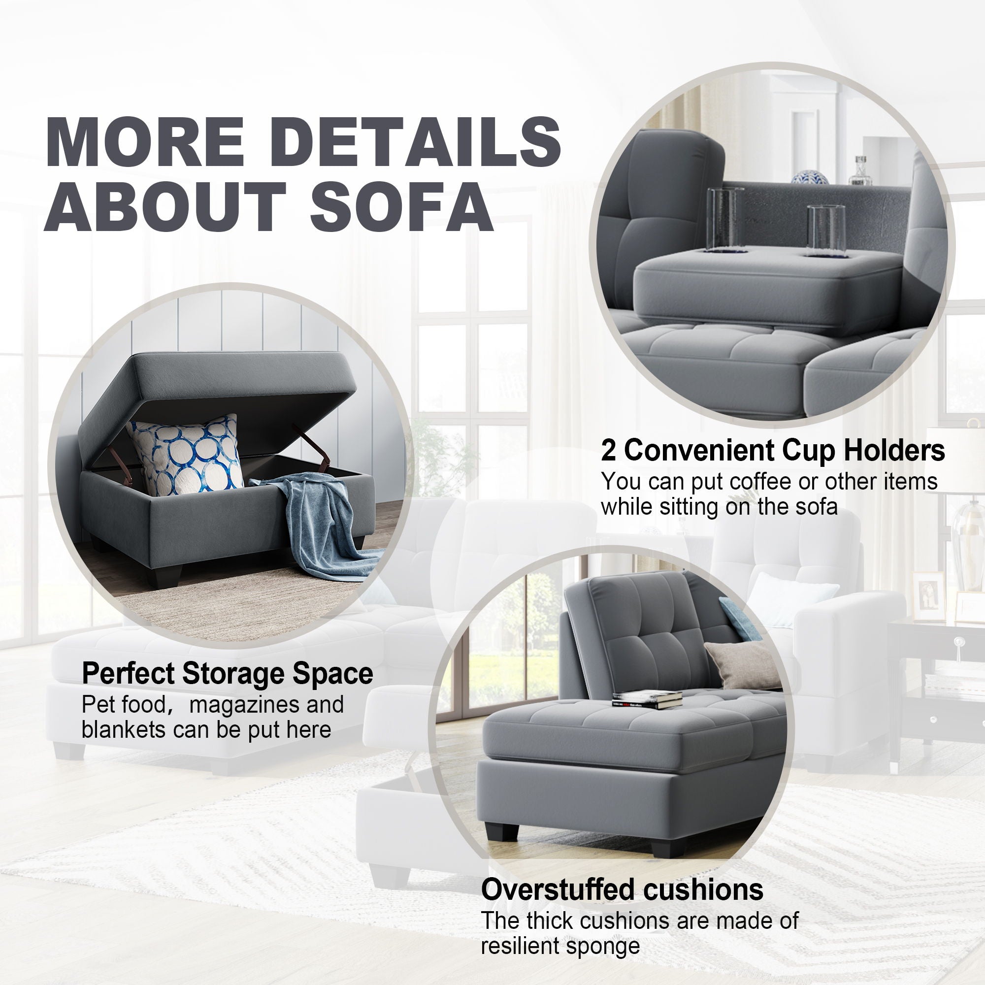 Sectional Sofa With Reversible Chaise Lounge, L-Shaped Couch With Storage Ottoman And Cup Holders