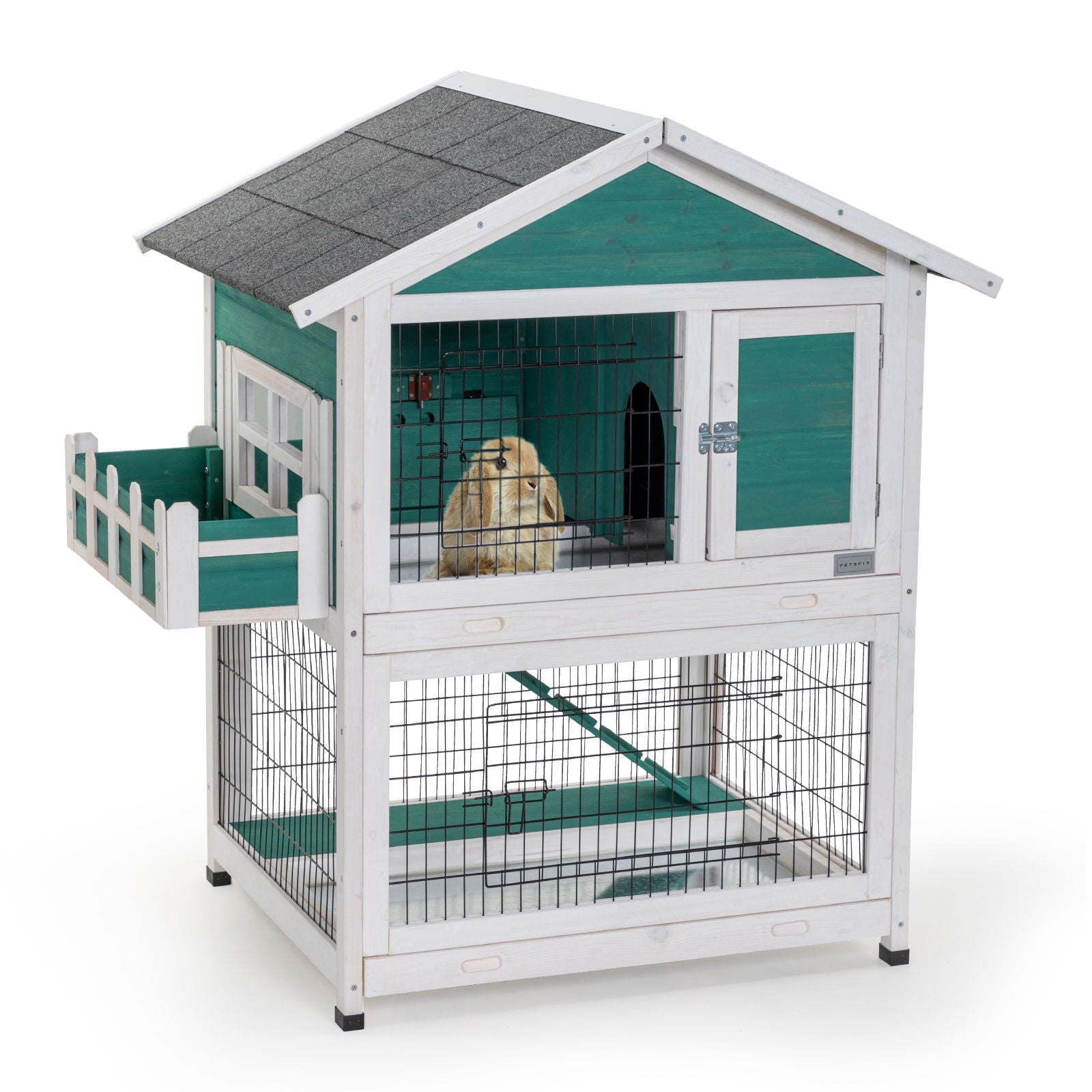 2 Story Wooden Rabbit Hutch Outdoor Indoor Bunny Cage Pull Out Tray, Waterproof Roof - Green