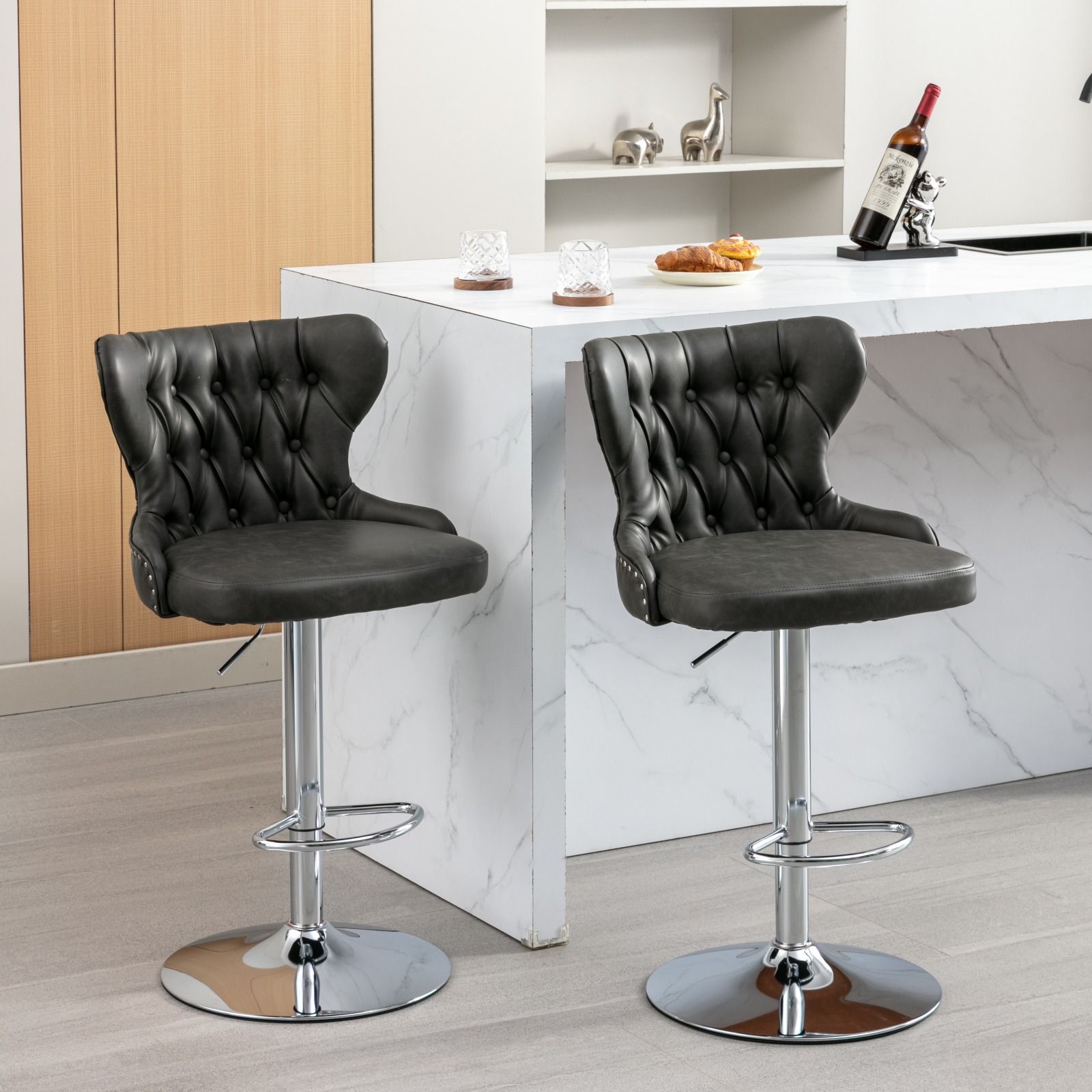 Swivel Barstools Adjusatble Seat Height From 25-33", Modern Upholstered Chrome Base Bar Stools With Backs Comfortable Tufted For Home Pub And Kitchen Island