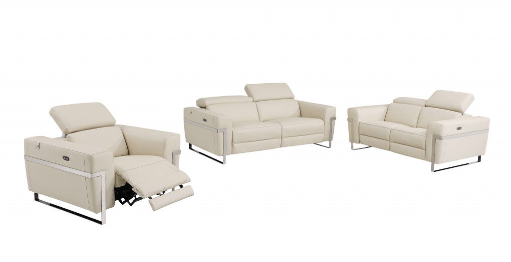 Three Piece Italian Leather Six Person Indoor Seating Set - Beige