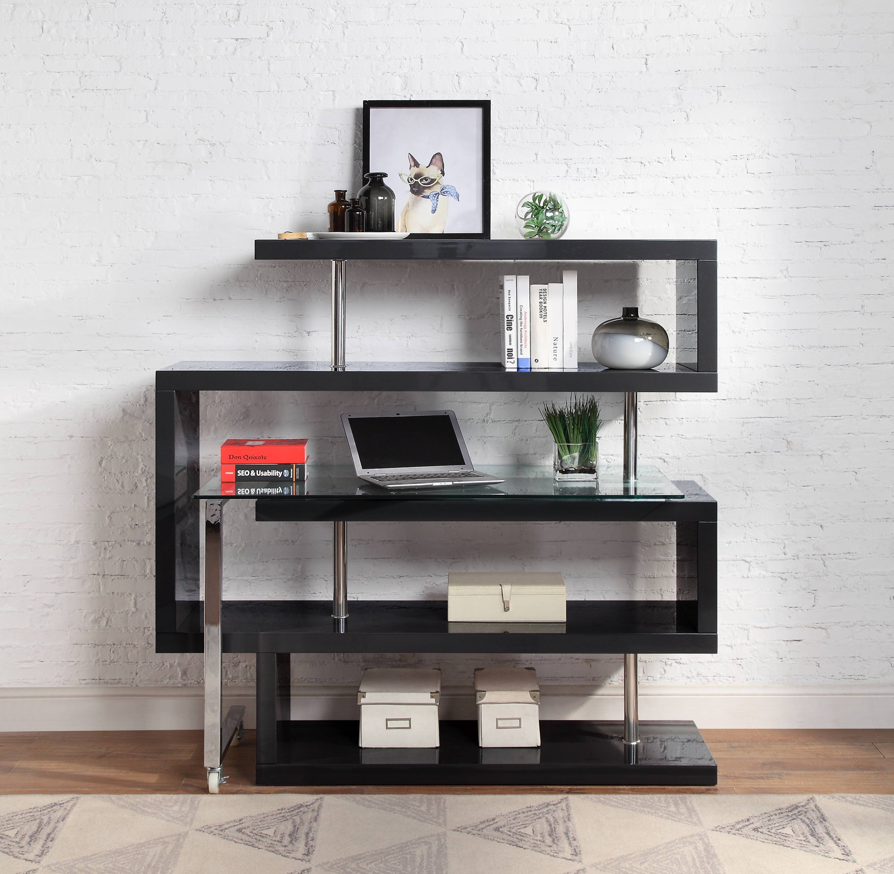 Buck II - Clear Glass, Chrome High Gloss Writing Desk With Shelf