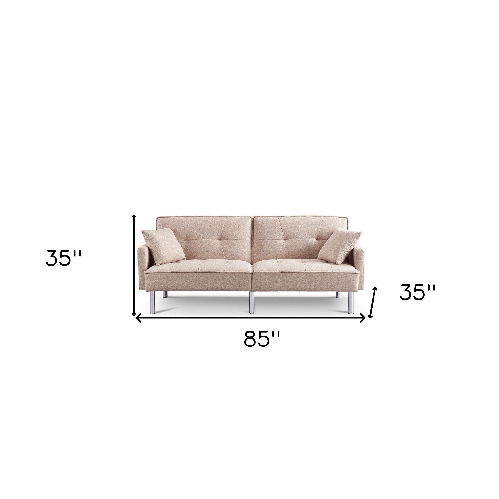 Polyester Blend Convertible Futon Sleeper Sofa And Toss Pillows With Silver Legs - Beige