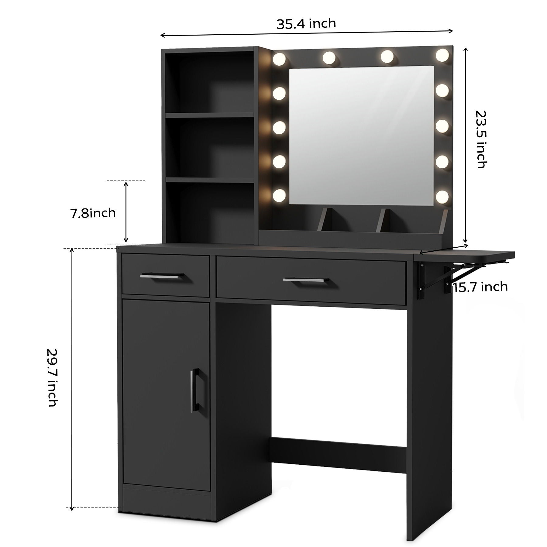 Vanity Desk With Drawers & Mirror With Lights, With Drawers & Cabinet 3 Shelves Lots Storage For Stylish Bedroom