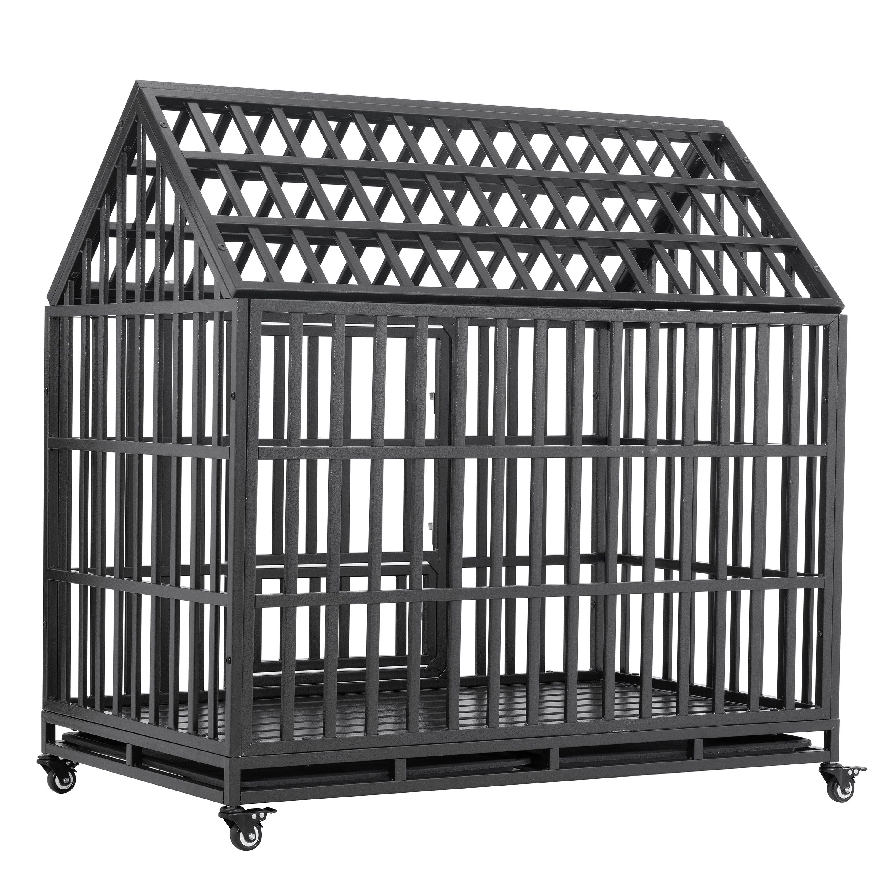 Heavy Duty Dog Cage Pet Crate With Roof & Window On Roof - Black