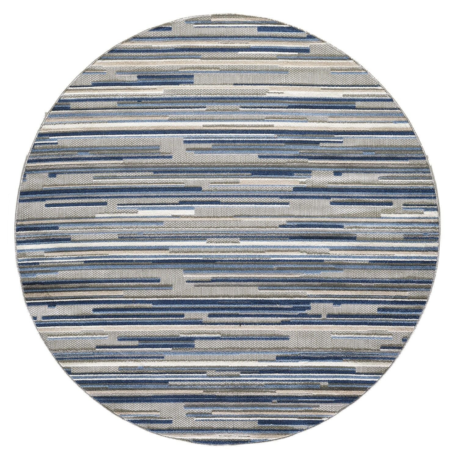 8’ Round Abstract Striped Indoor / Outdoor Area Rug - Blue