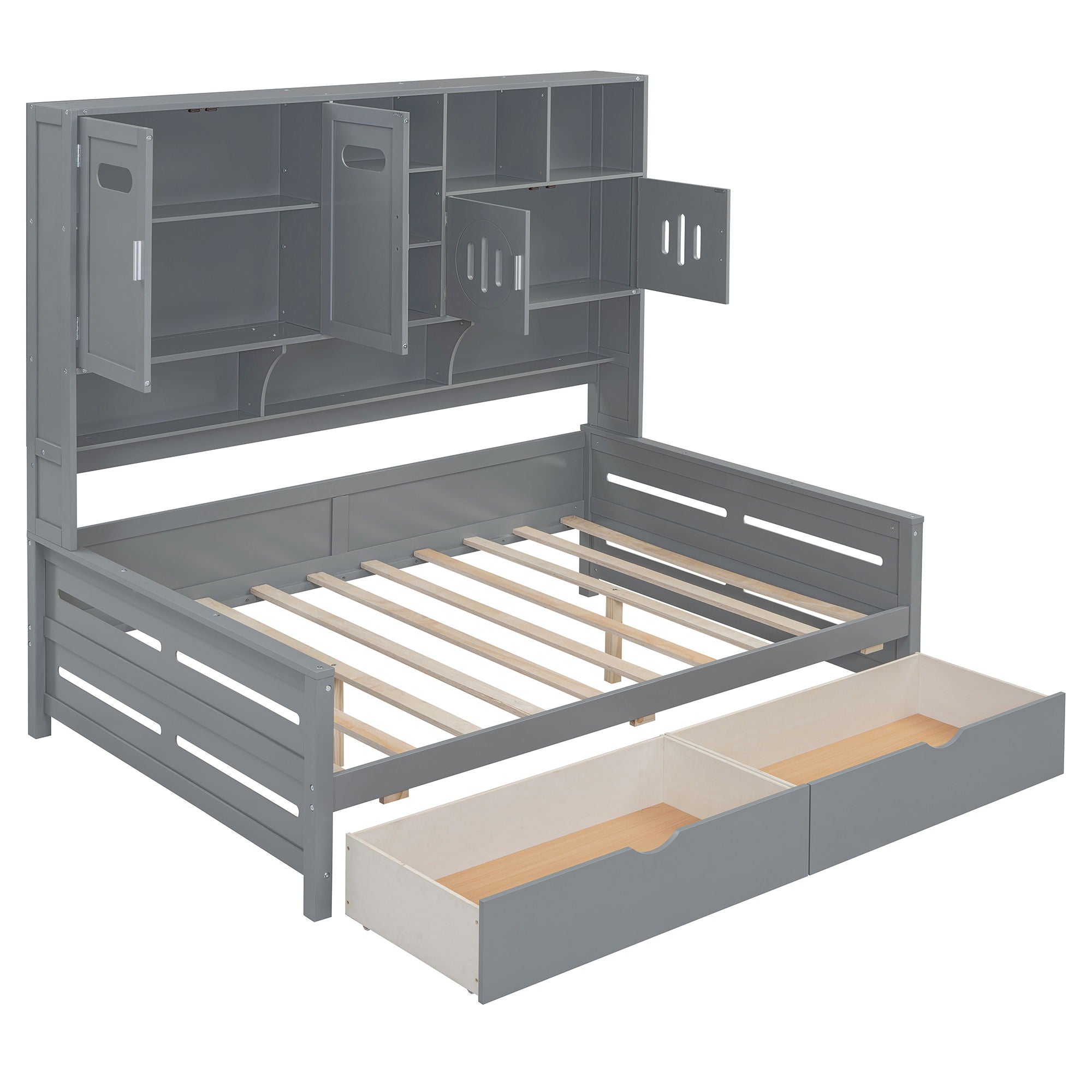 Wooden Daybed With 2 Drawers, And All-In-One Cabinet And Shelf