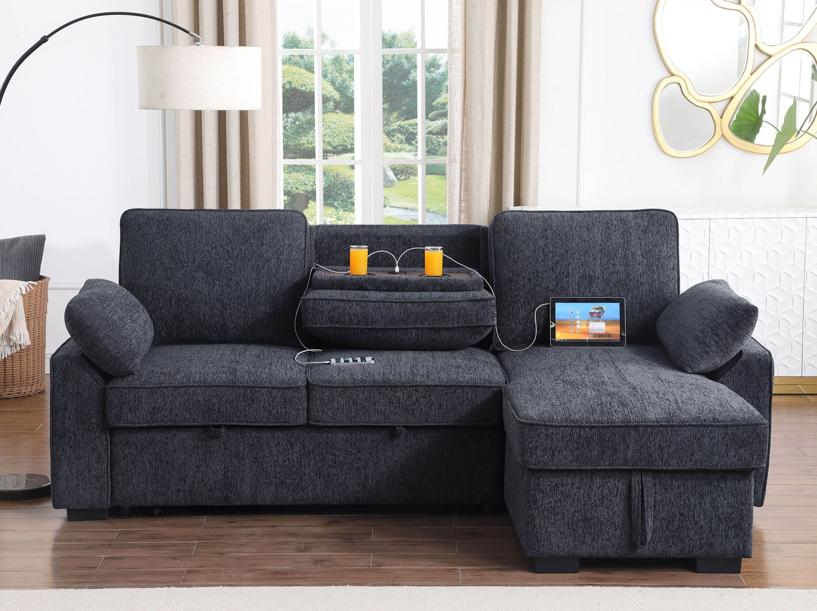 Mackenzie - Chenille Fabric Sleeper Sectional With Right-Facing Storage Chaise