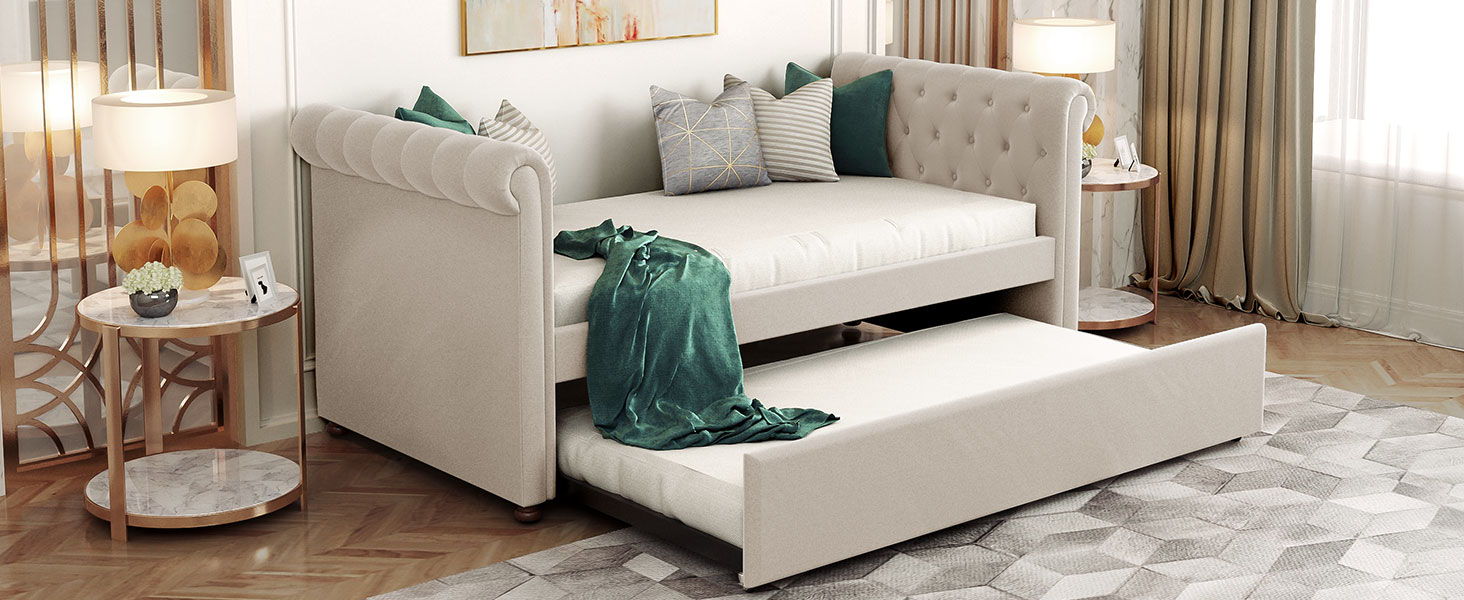 Upholstered Daybed With Trundle, Wood Slat Support