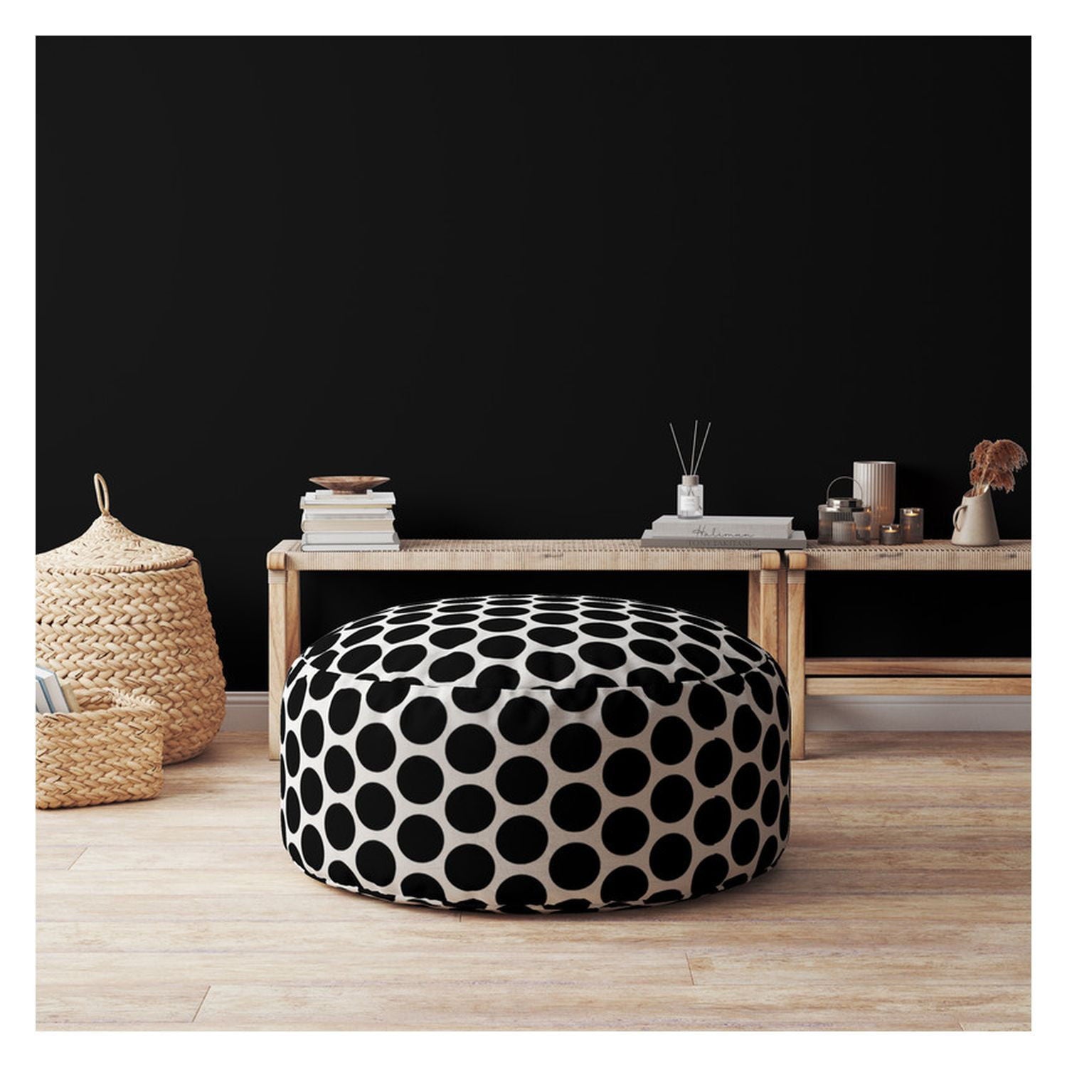 Cotton Round Polka Dots Pouf Cover - Black