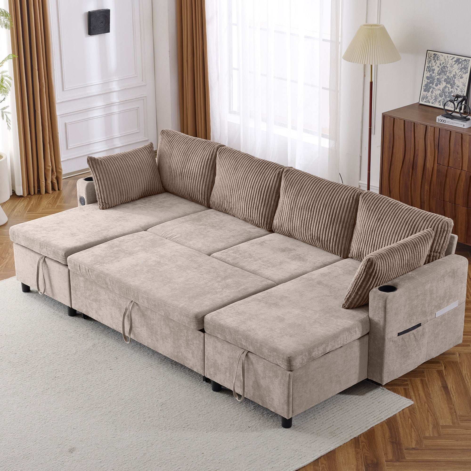 Sectional Sofa Pull Out Sofa Bed Versatile Sofa Sleeper With Large Storage Space, Two USB Ports And Two Cup Holders For Living Room