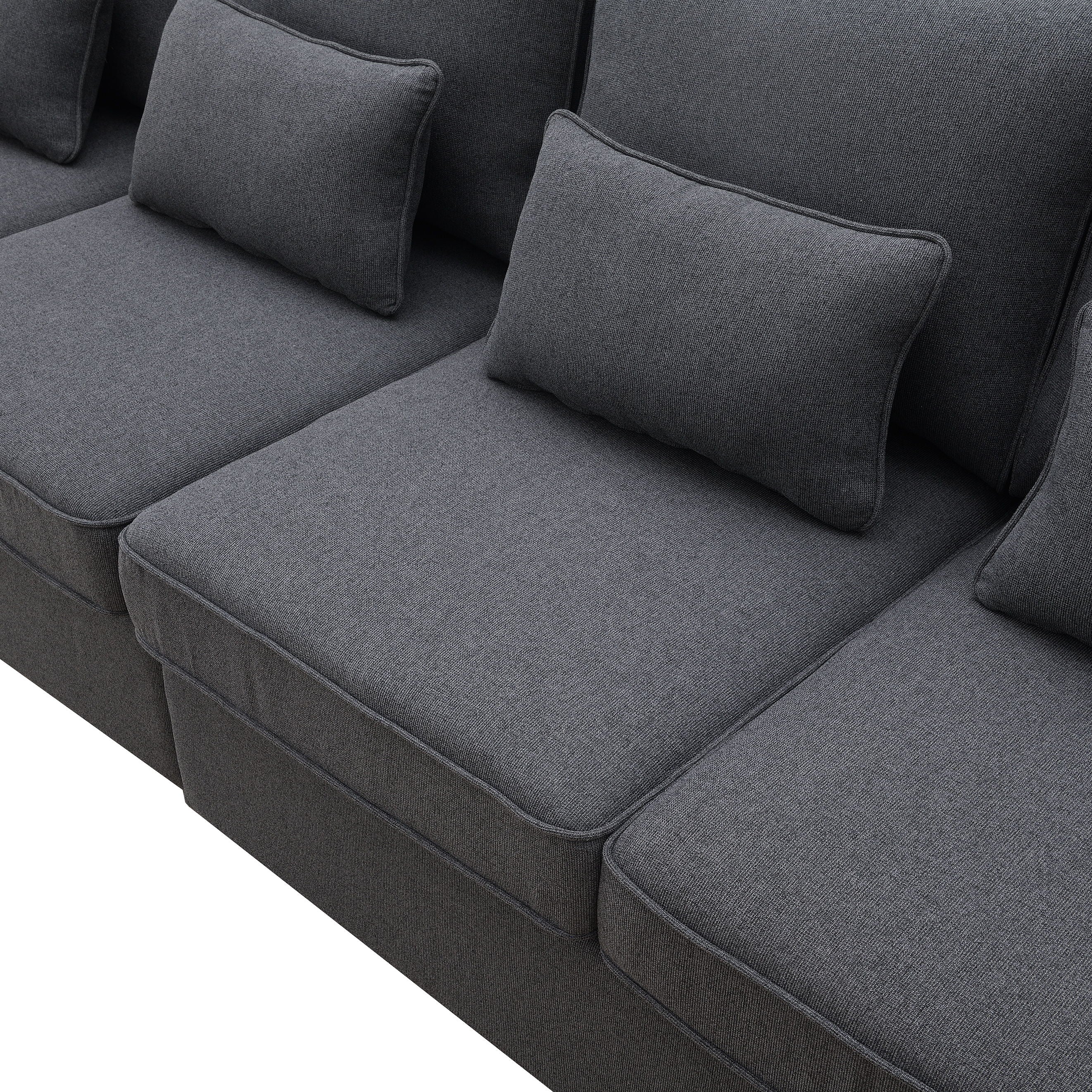 4 Seater Modern Linen Sofa With Armrest Pockets And 4 Pillows, Minimalist Style Couch For Living Room