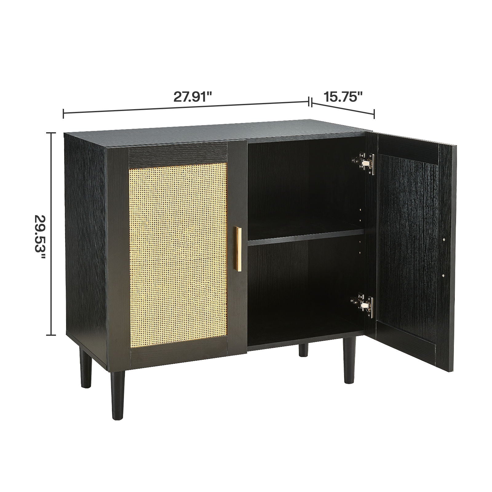 Side Panel Buffet Cabinet With Natural Rattan Door, Rattan Storage Cabinet With Adjustable Shelves, Side Panel And Buffet With Storage Space, Modern Console Cabinet In Bedroom And Living Room - Black / Beige