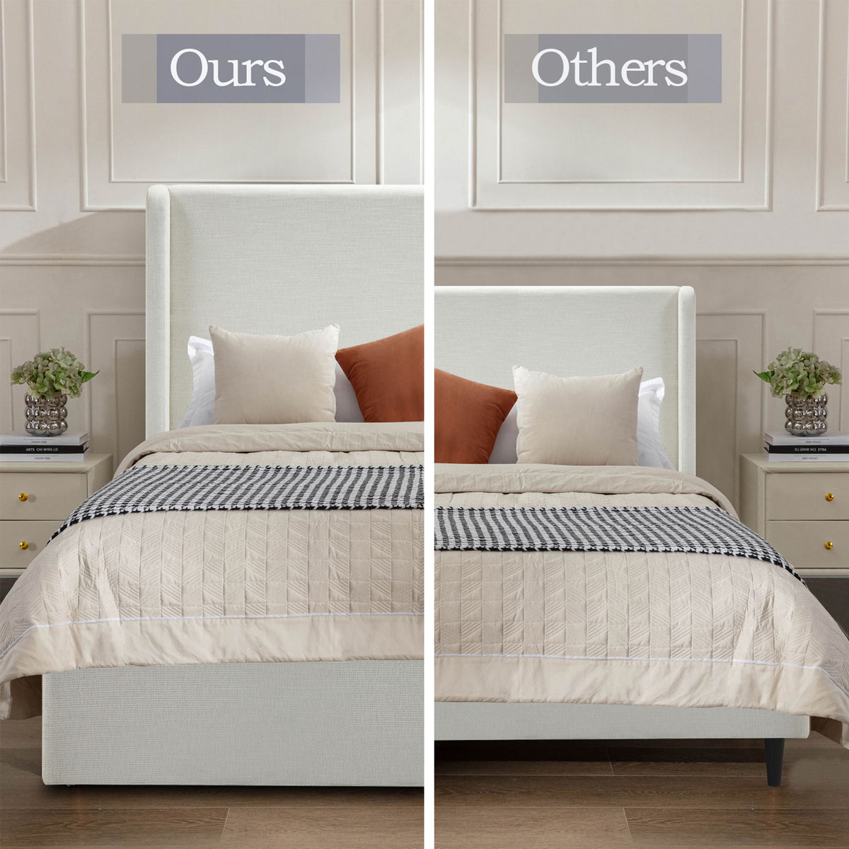 Caron - King Size Upholstered Wingback Bed With High Headboard - Ivory