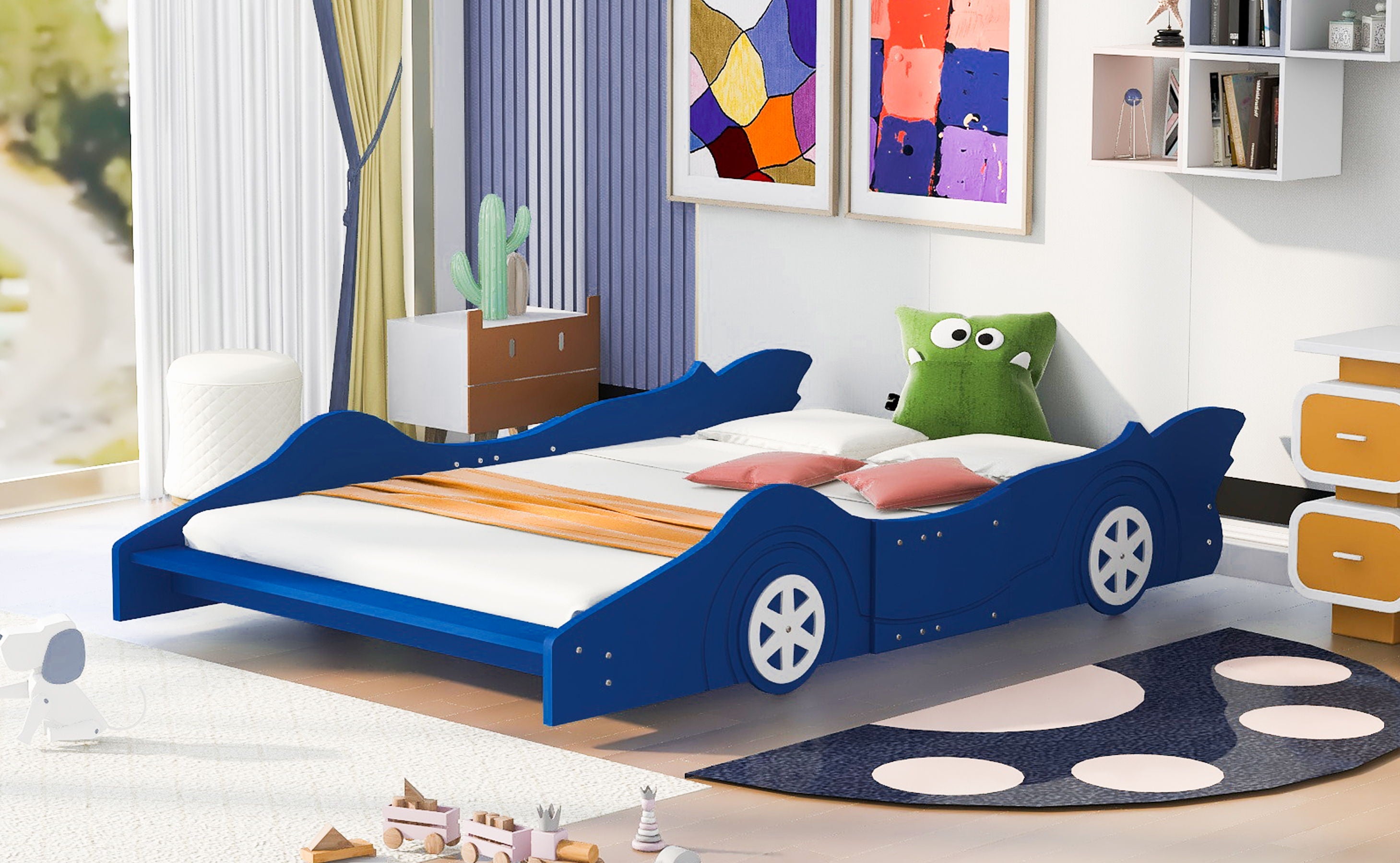 Full Size Race Car-Shaped Platform Bed With Wheels - Blue