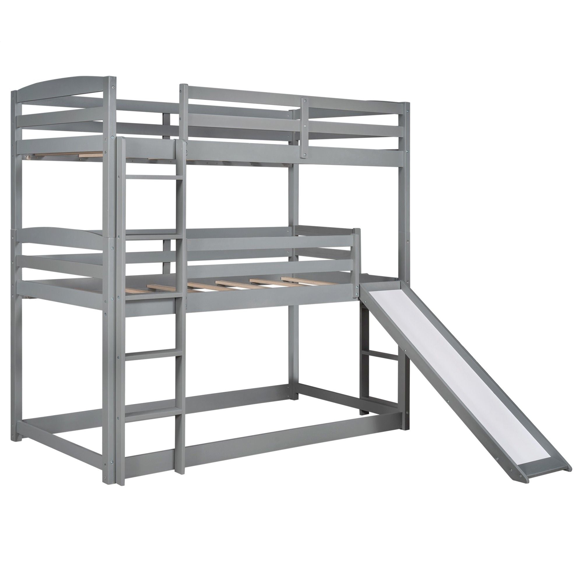 Triple Bunk Twin Sized Bed with Slide - Gray