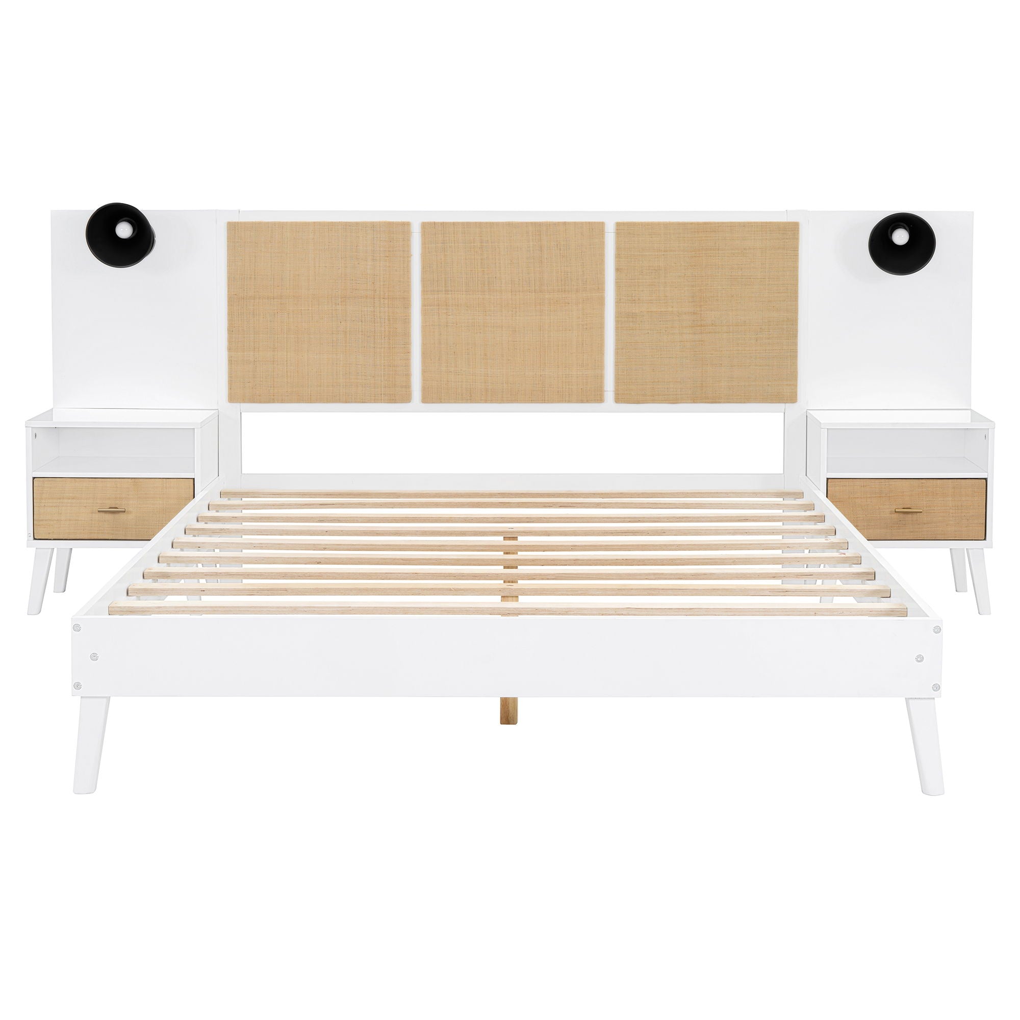 Solid Wood Bed Frame With 2 Nightstands, Elegant Design With Lamps, Rattan And Wood Combination