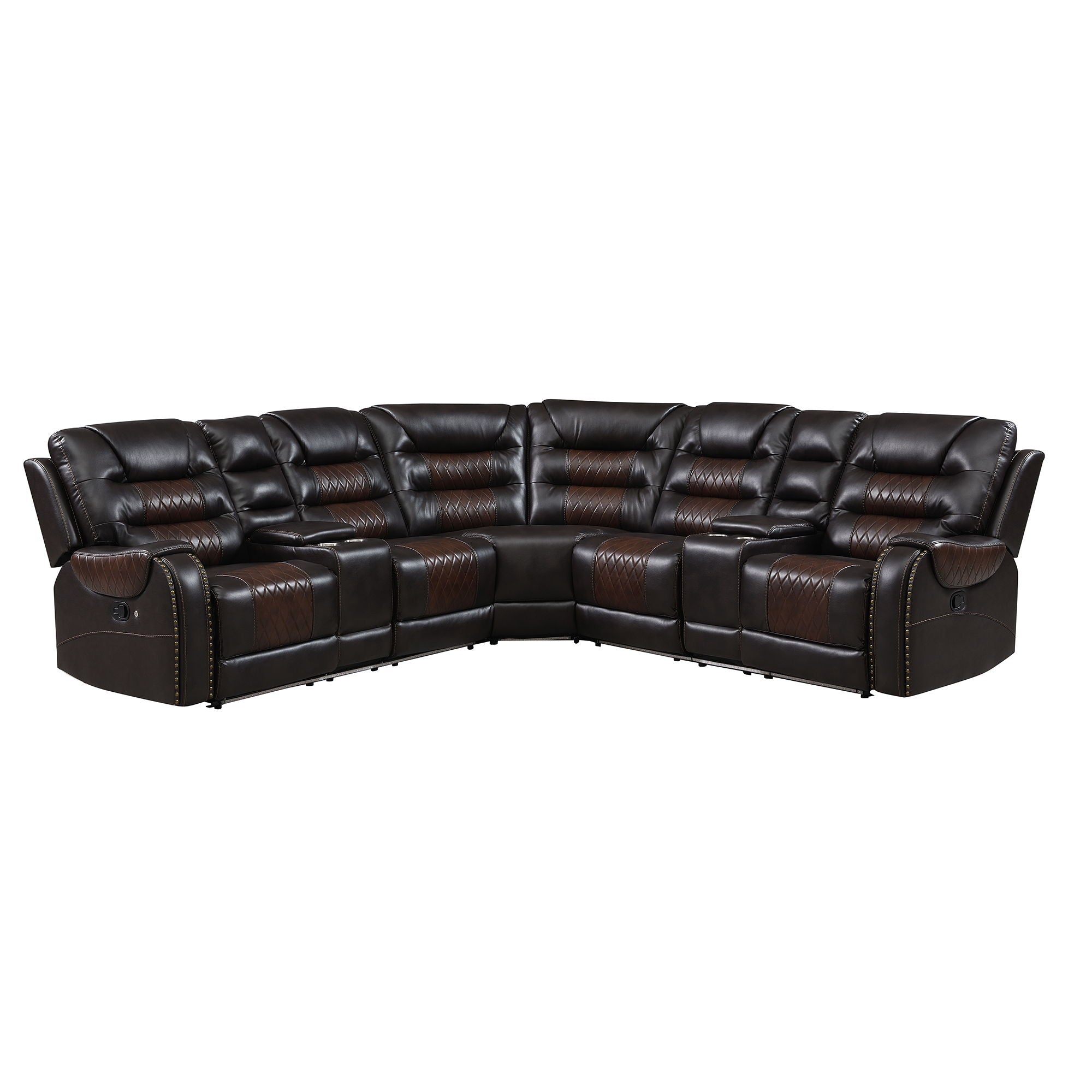 Manual Reclining Sectional Sofa Set L Shaped Symmetrical Motion Sofa Corner Couch Sets With Storage Boxes, 4 Cup Holders And Led Light Strip For Living Room - Brown