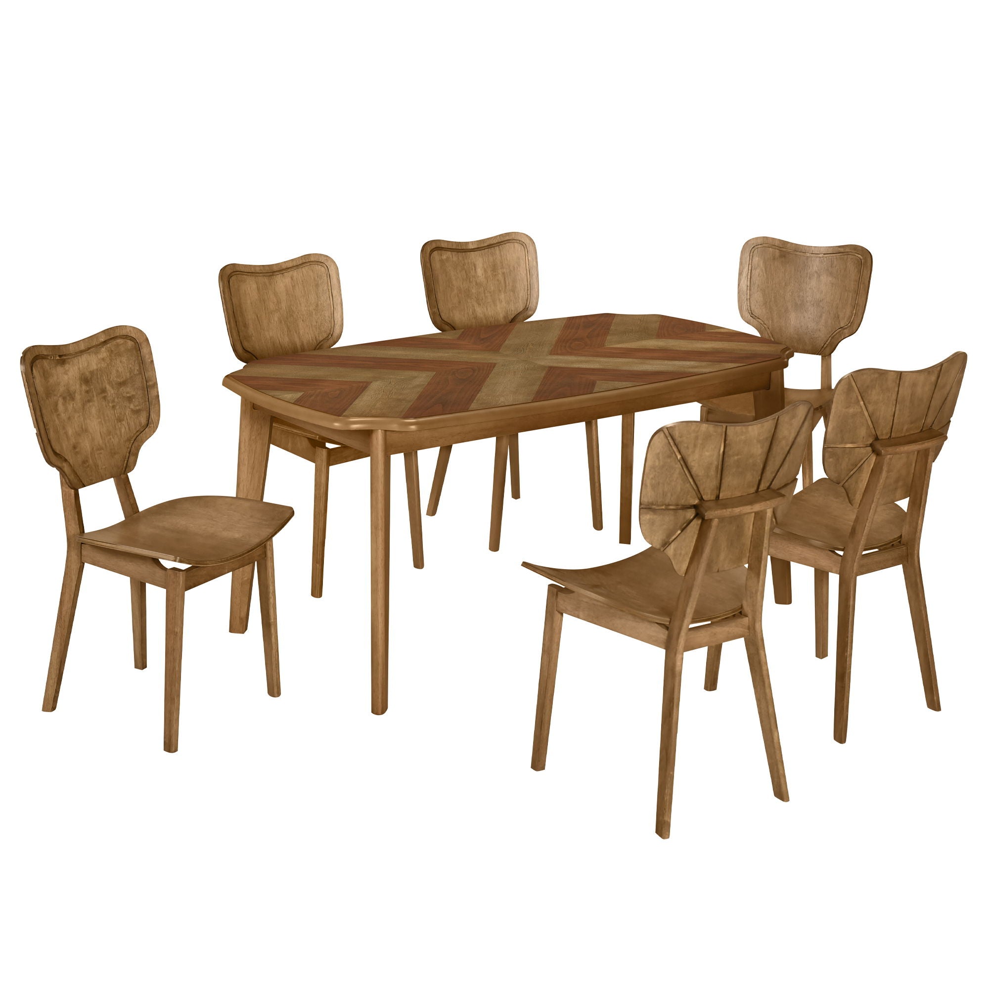 Topmax - 7 Piece Vintage Dining Table Set With 6 Dining Chairs, Kitchen Table Set For 6 With Curved Back And Seat