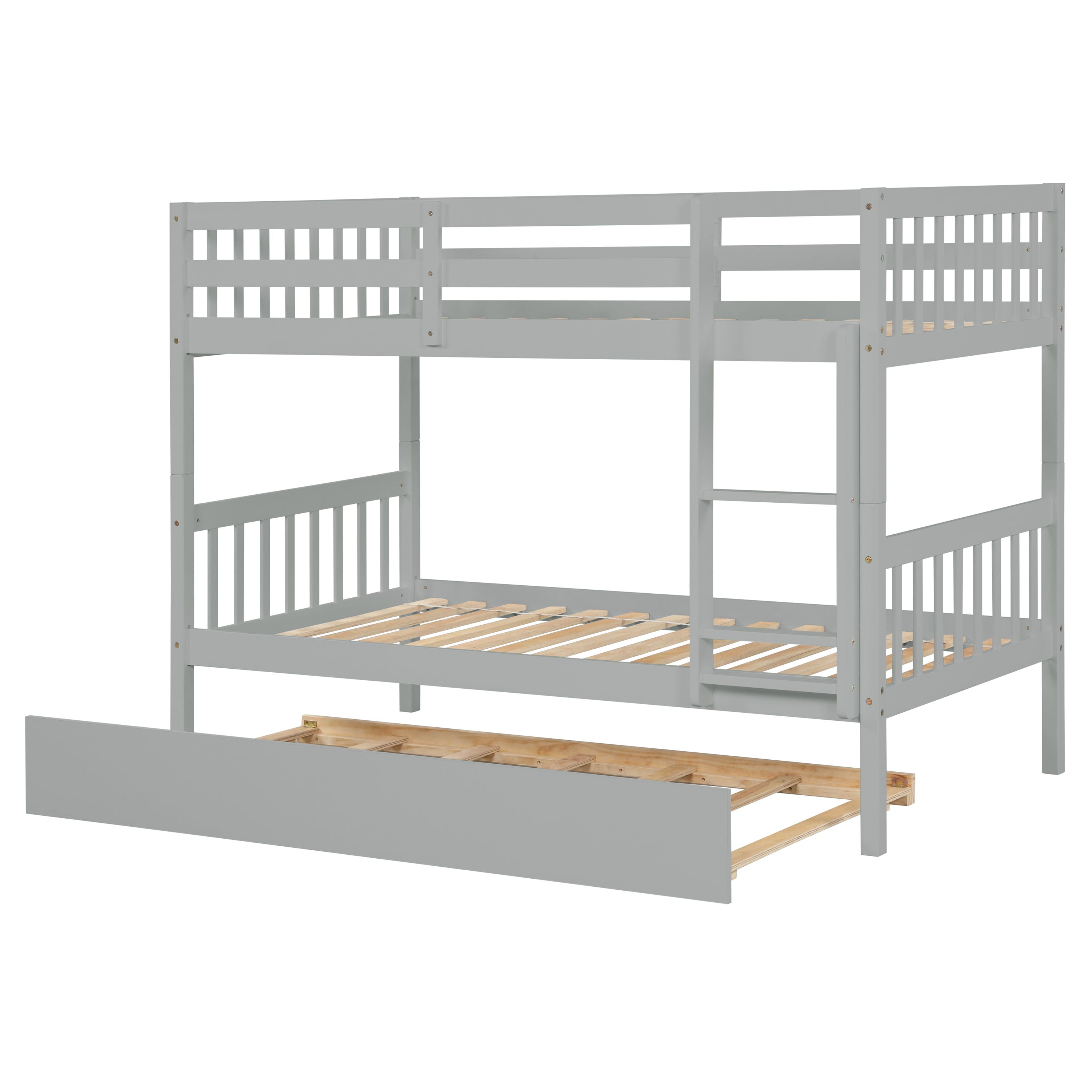 Twin Over Twin Bunk Beds With Trundle, Solid Wood Trundle Bed Frame With Safety Rail And Ladder, Kids / Teens Bedroom, Guest Room Furniture, Can Be Converted Into 2 Beds - Gray