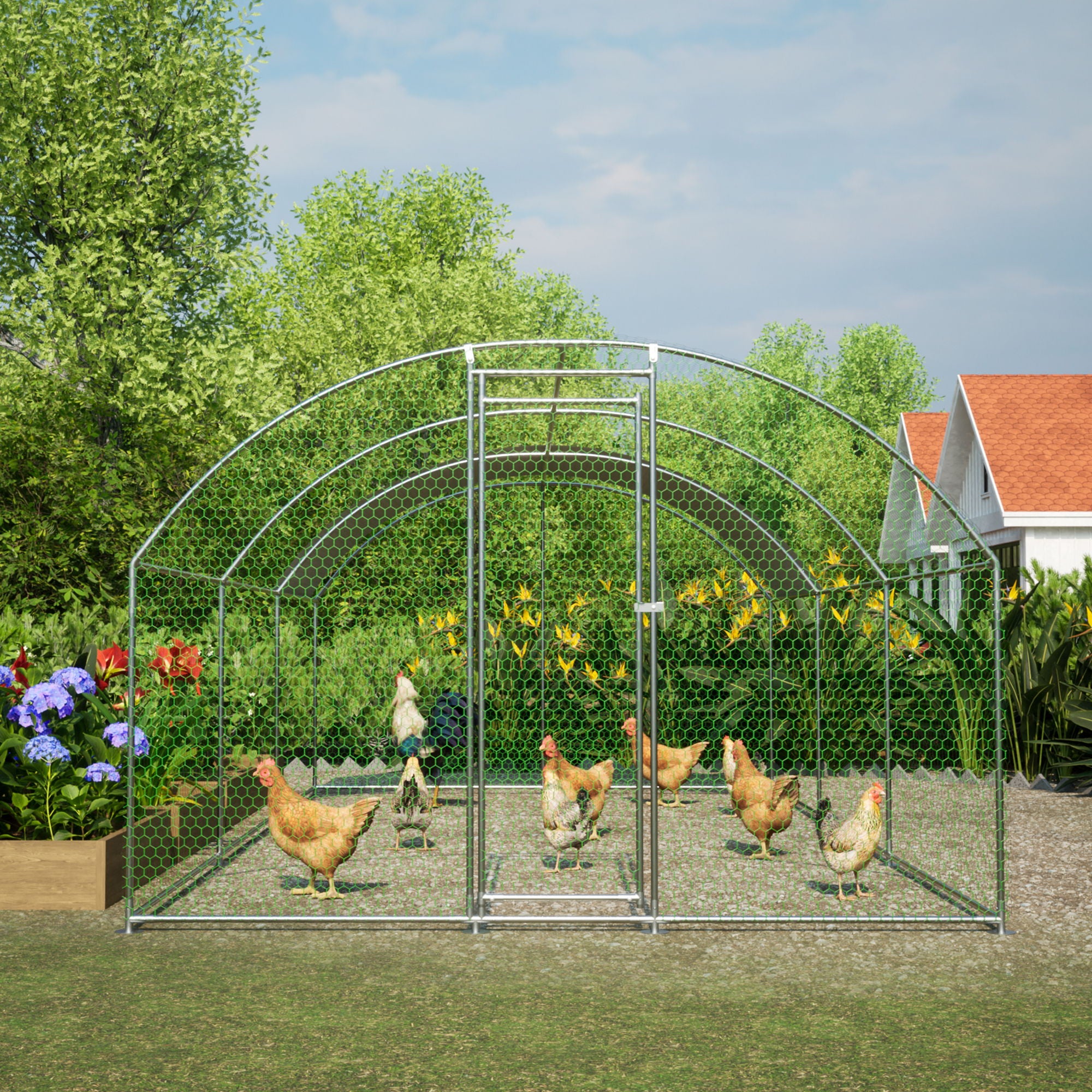 Large Chicken Coop Metal Chicken Run With Waterproof And Anti-Uv Cover, Dome Shaped Walk-In Fence Cage Hen House For Outdoor And Yard Farm Use, 1" Tube Diameter