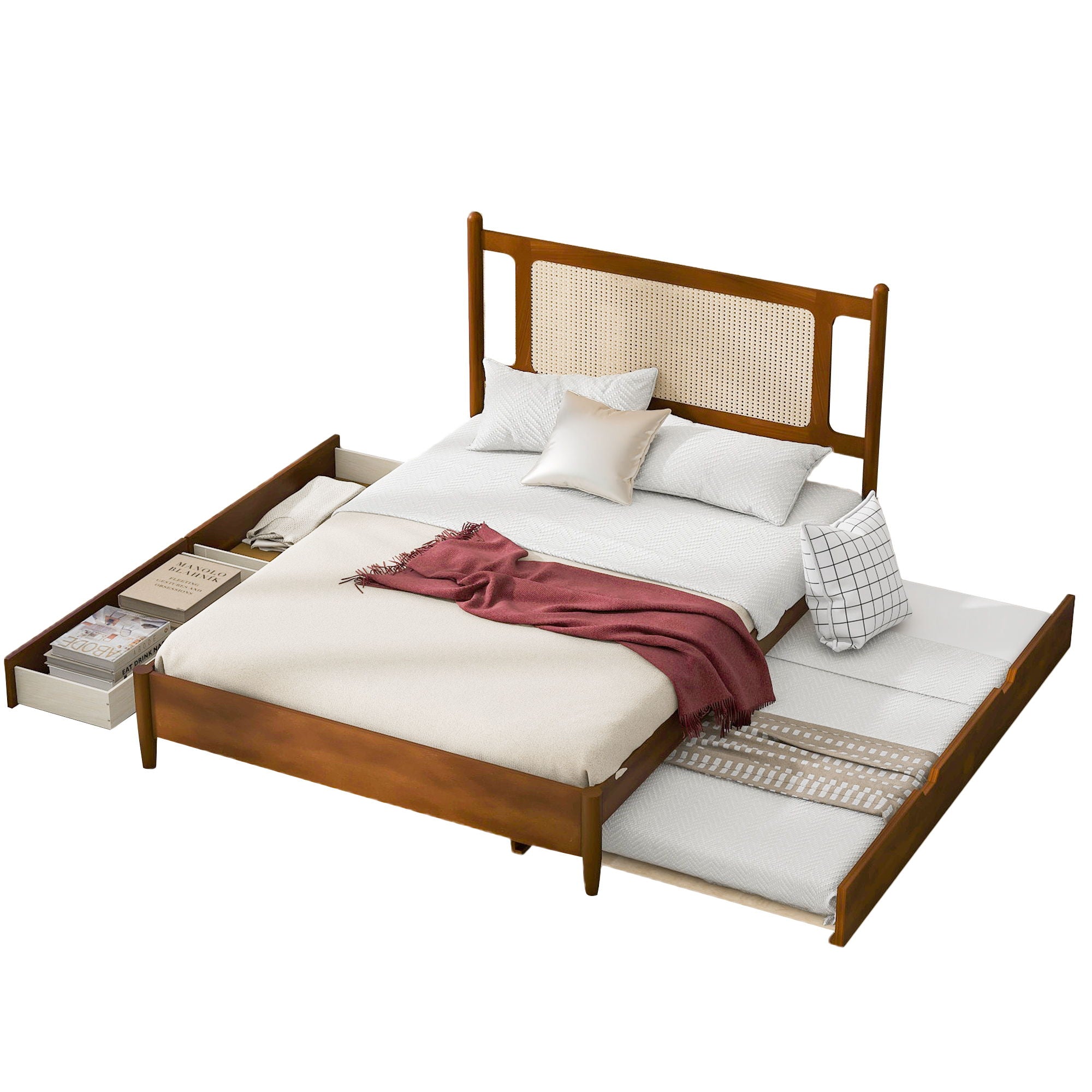 Wooden Rattan Platform Bed, With 2 Big Drawers & Trundle