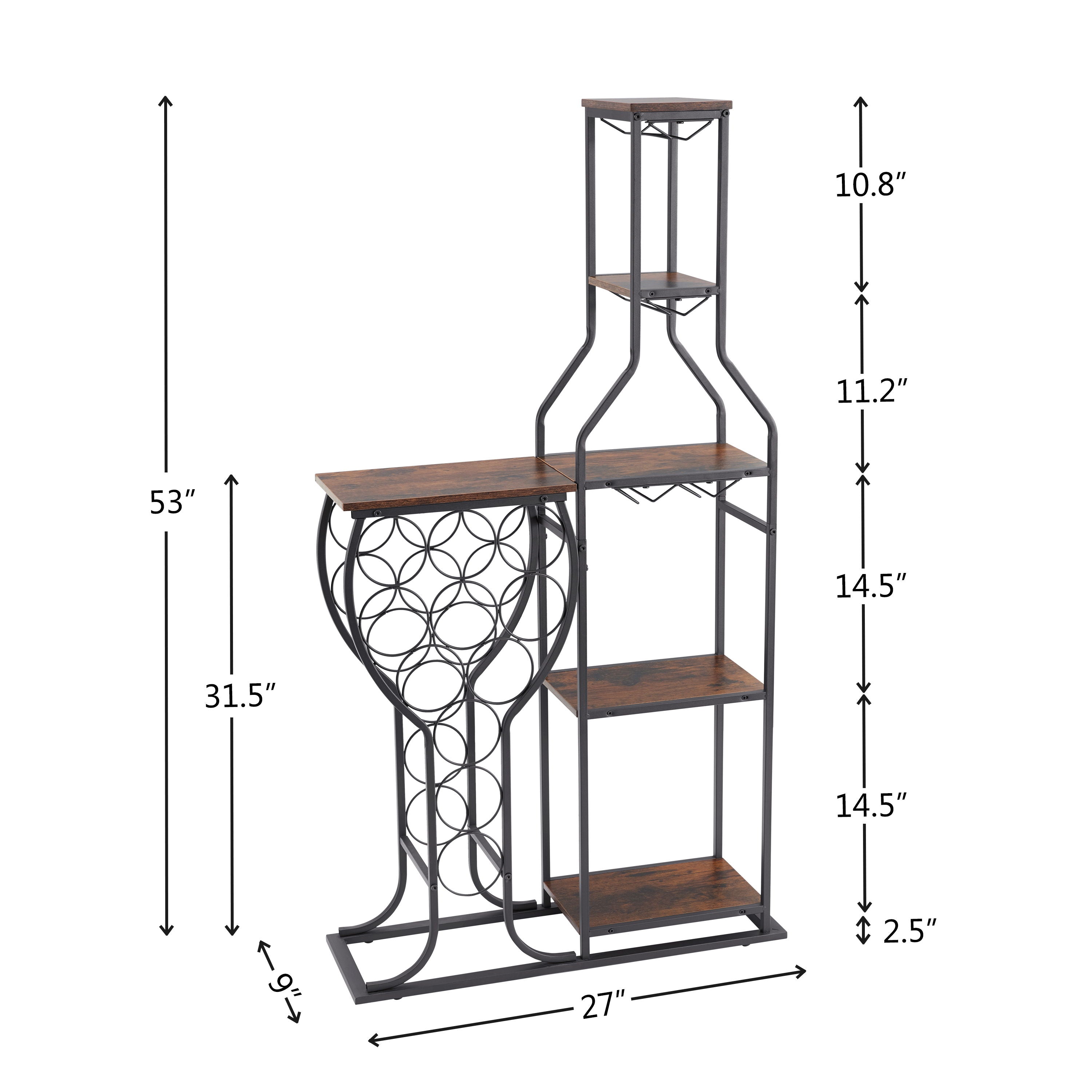 11 Bottle Wine Bakers Rack, 5 Tier Freestanding Wine Rack With Hanging Wine Glass Holder And Storage Shelves, Wine Storage Home Bar For Liquor And Wine Storage for Kitchen, Dining Room