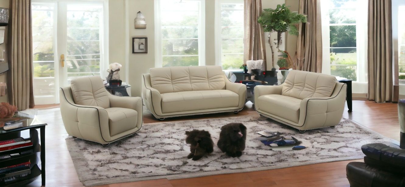 Three Piece Six Person Indoor Genuine Leather Seating Set - Beige