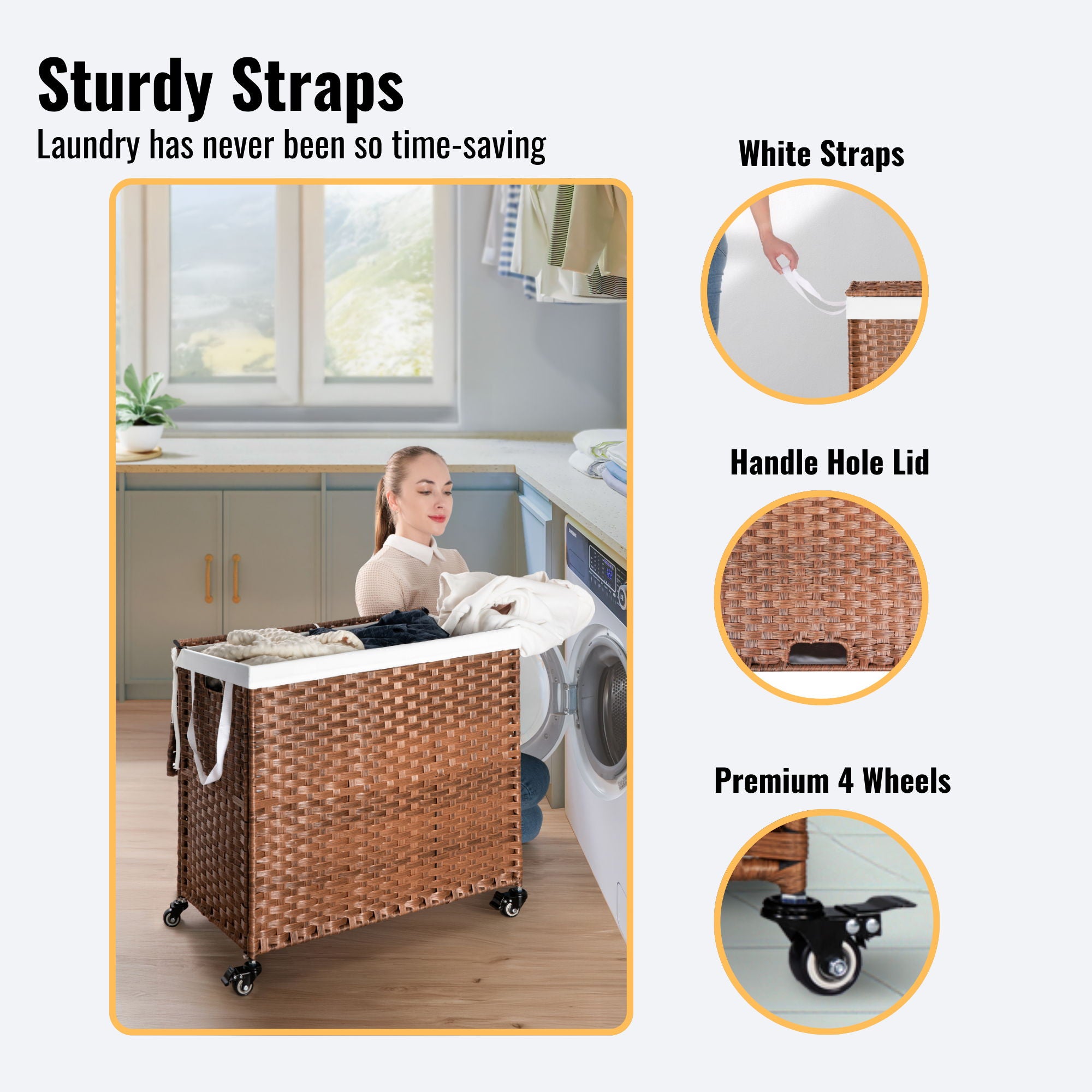 Laundry Hamper With Lid PE Rattan Powder Coating Frame Clothes Hampers With 2 Removable Bags