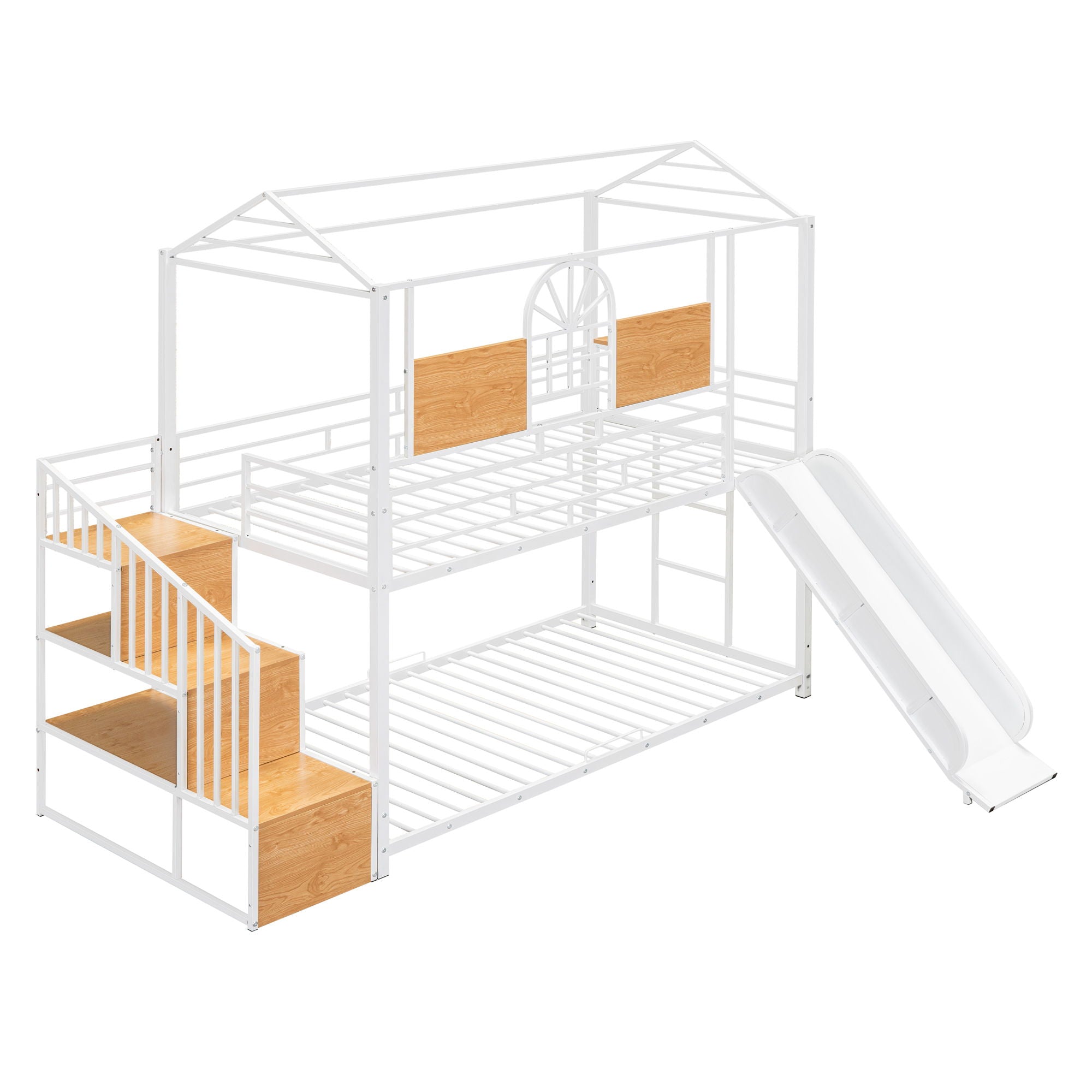 Metal Bunk Bed, Metal Housebed With Slide And Storage Stair