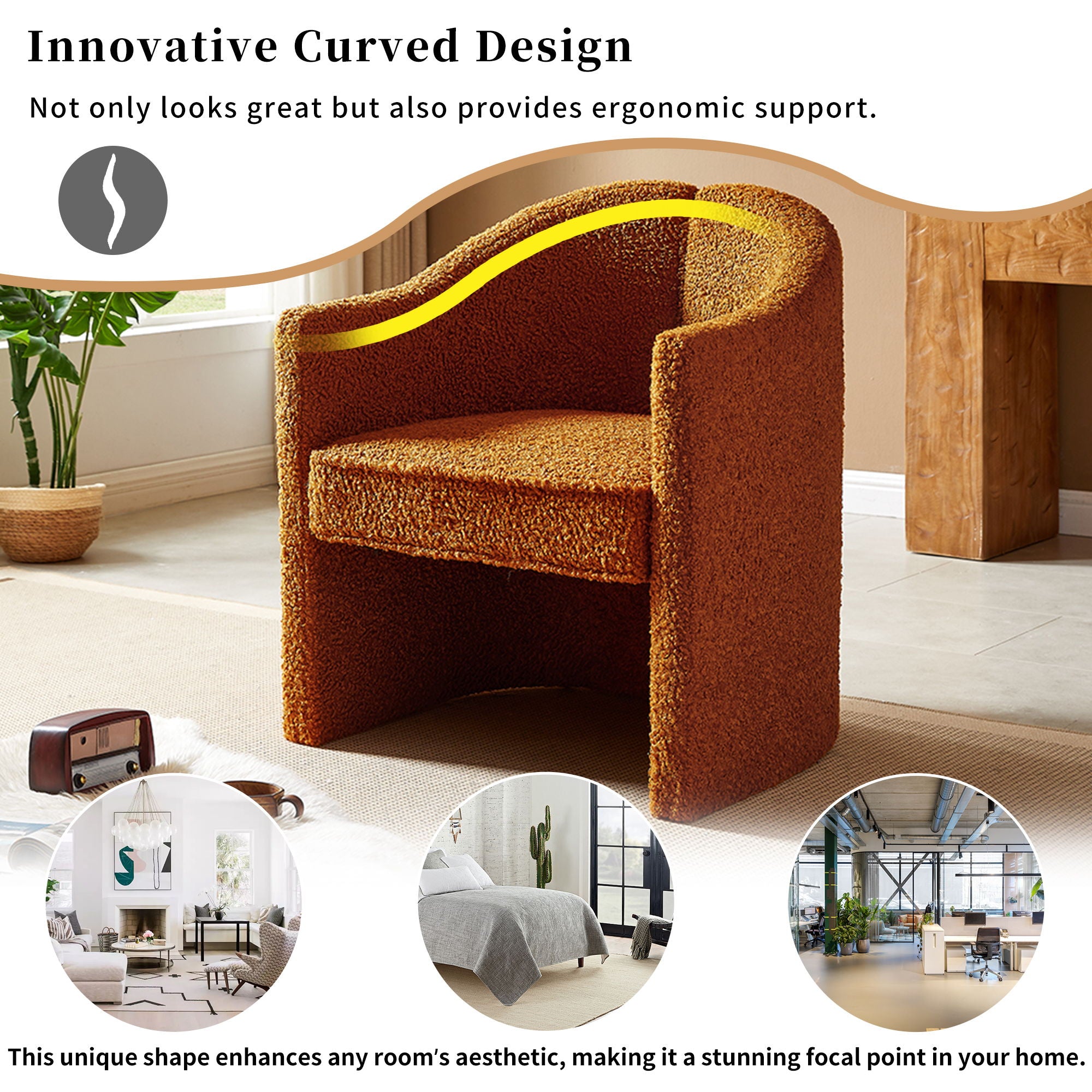 Stylish Curved Design, Comforting Embrace, Versatile Aesthetic, Dual Purpose Decorative Accent Chair, For Living Room, Bedroom And Study