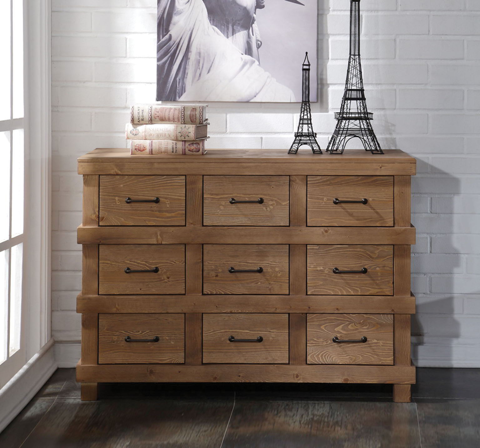 Solid Wood 9 Drawer Triple Dresser - Brown