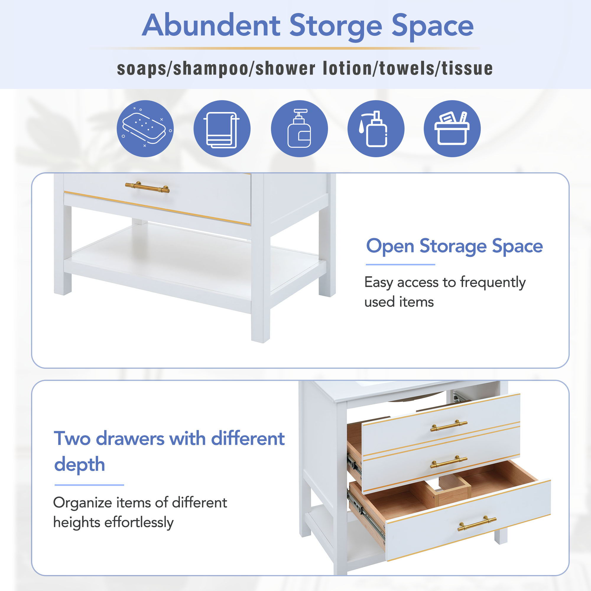 Modern Bathroom Vanity Cabinet Combo With Open storage, Two Drawers