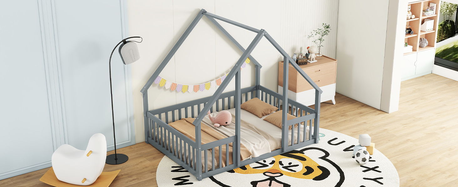 Wood House-Shaped Floor Bed With Fence, Guardrails